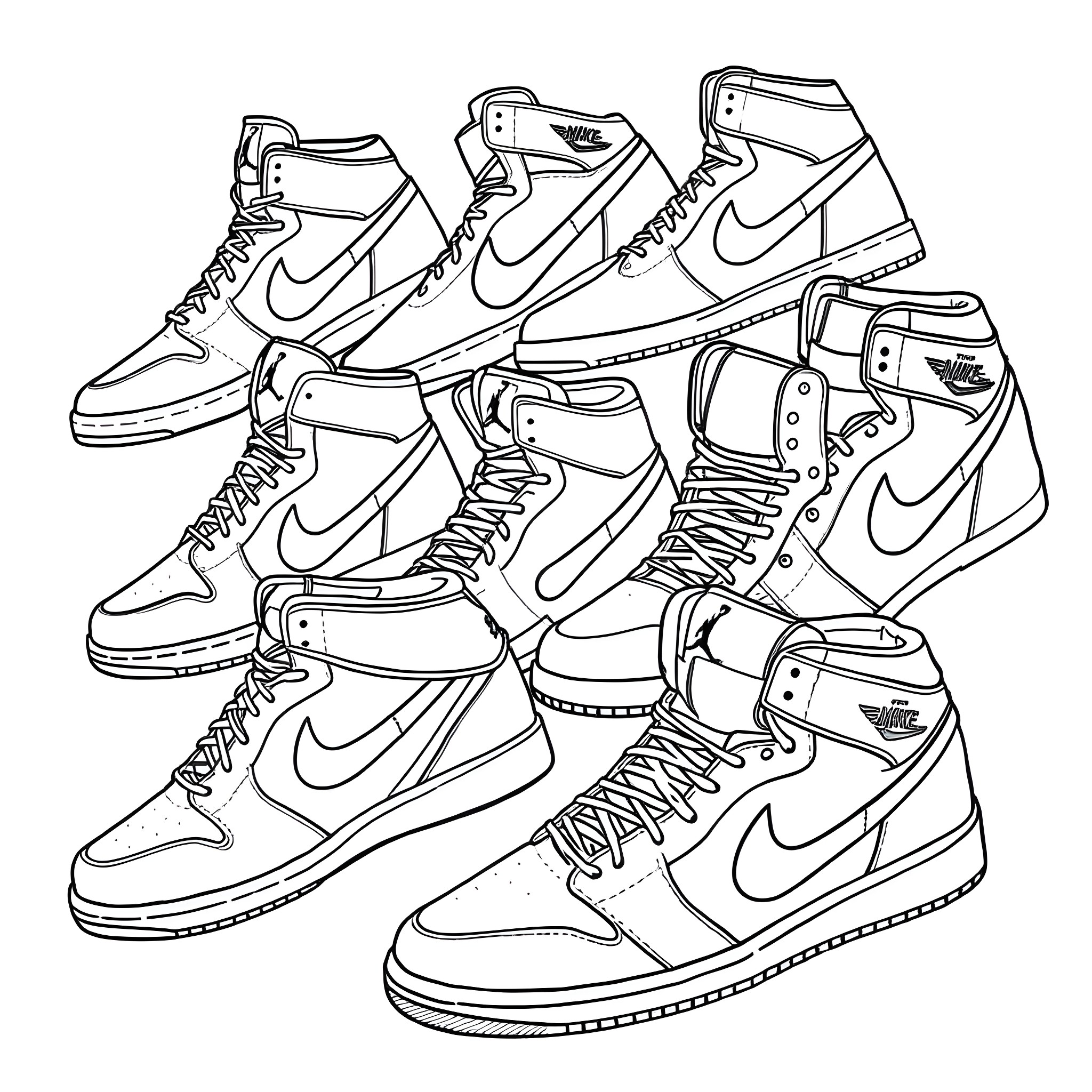 Nike Jordan sneaker designs in various styles Coloring Page (free black-and-white line drawing printable PDF for all, from beginners to advanced learners, including children, teens, adults, and seniors)