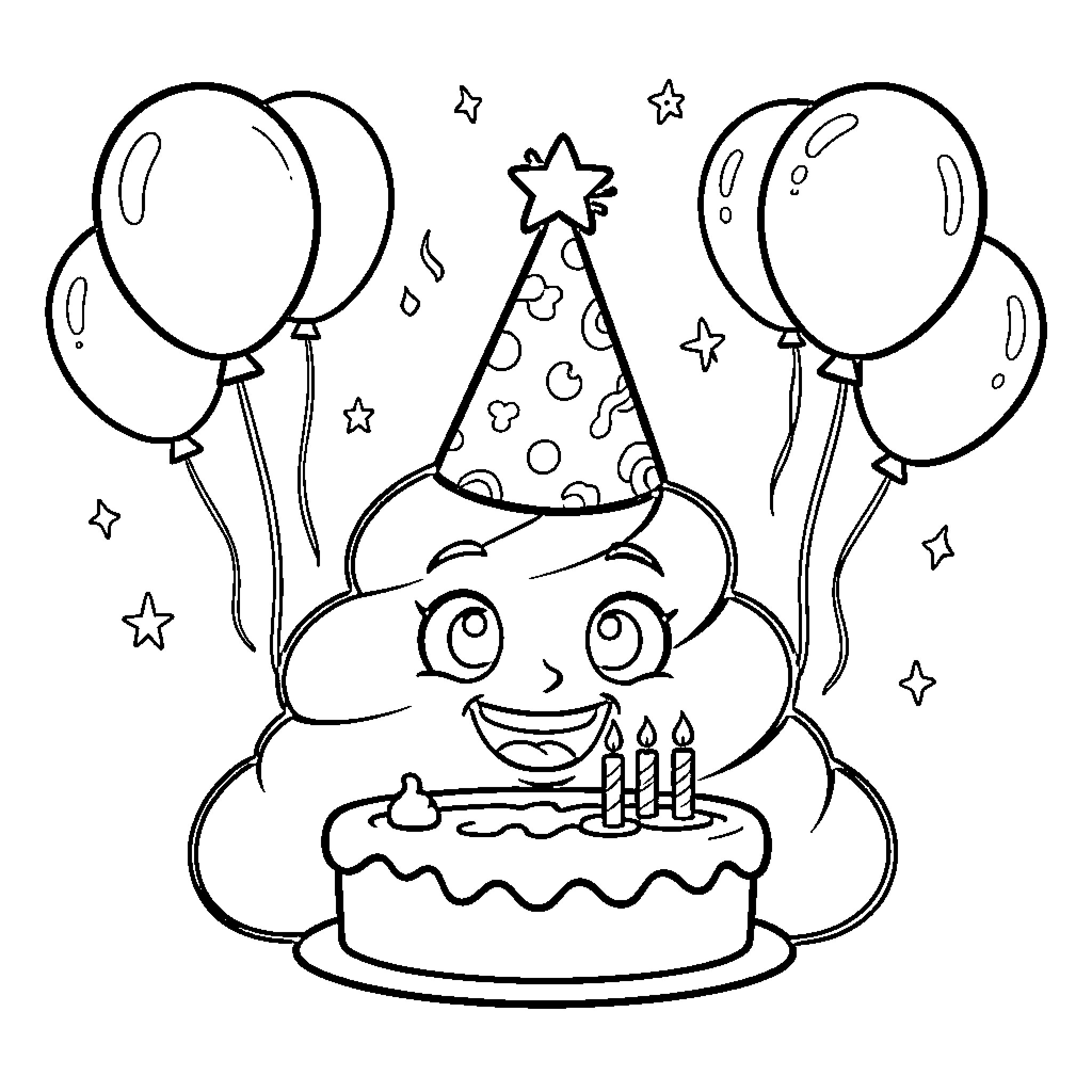Poop celebrating birthday with balloons and cake Coloring Page (free black-and-white line drawing printable PDF for all, from beginners to advanced learners, including children, teens, adults, and seniors)