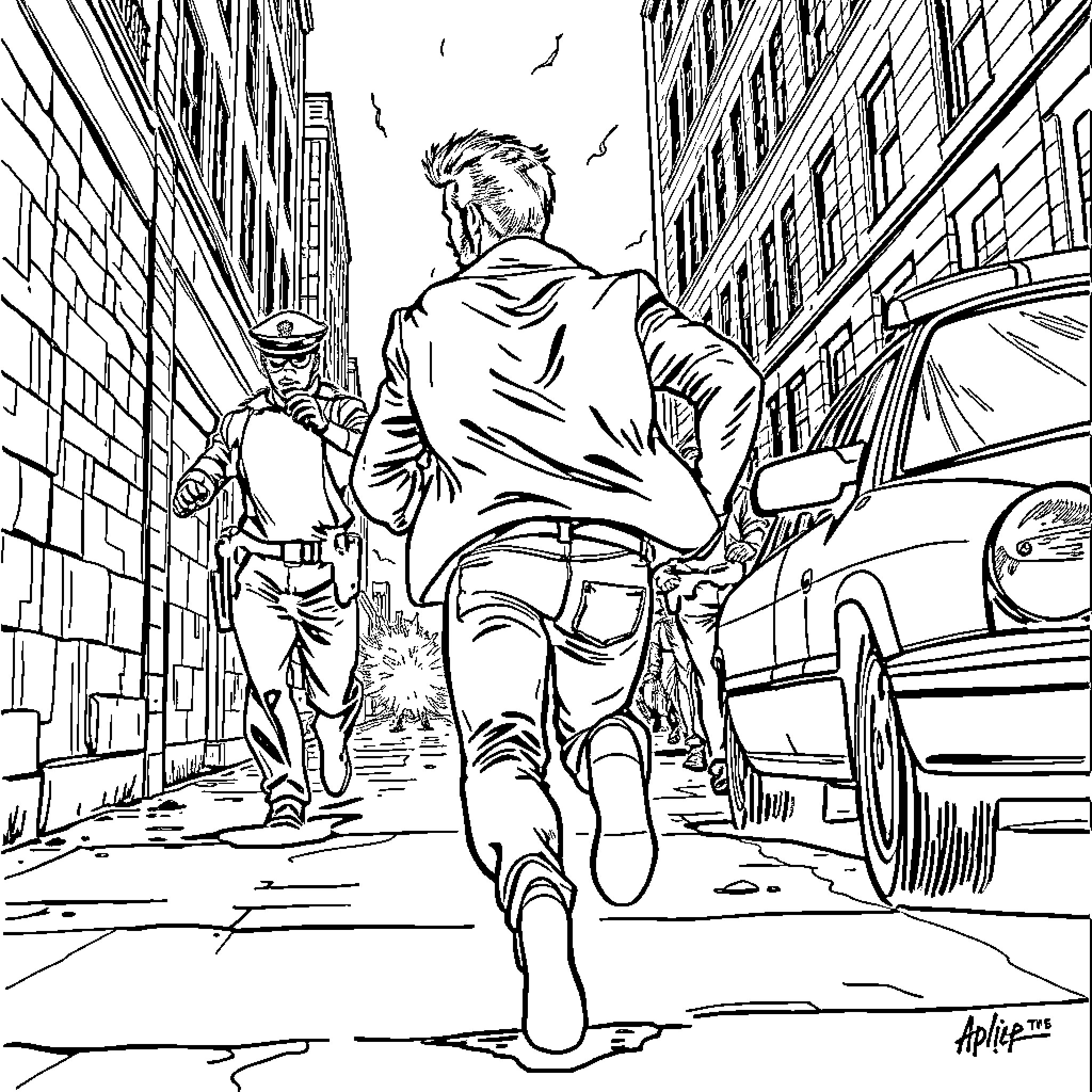 Drew McIntyre Escaping from City Streets Coloring Page (free black-and-white line drawing printable PDF for all, from beginners to advanced learners, including children, teens, adults, and seniors)