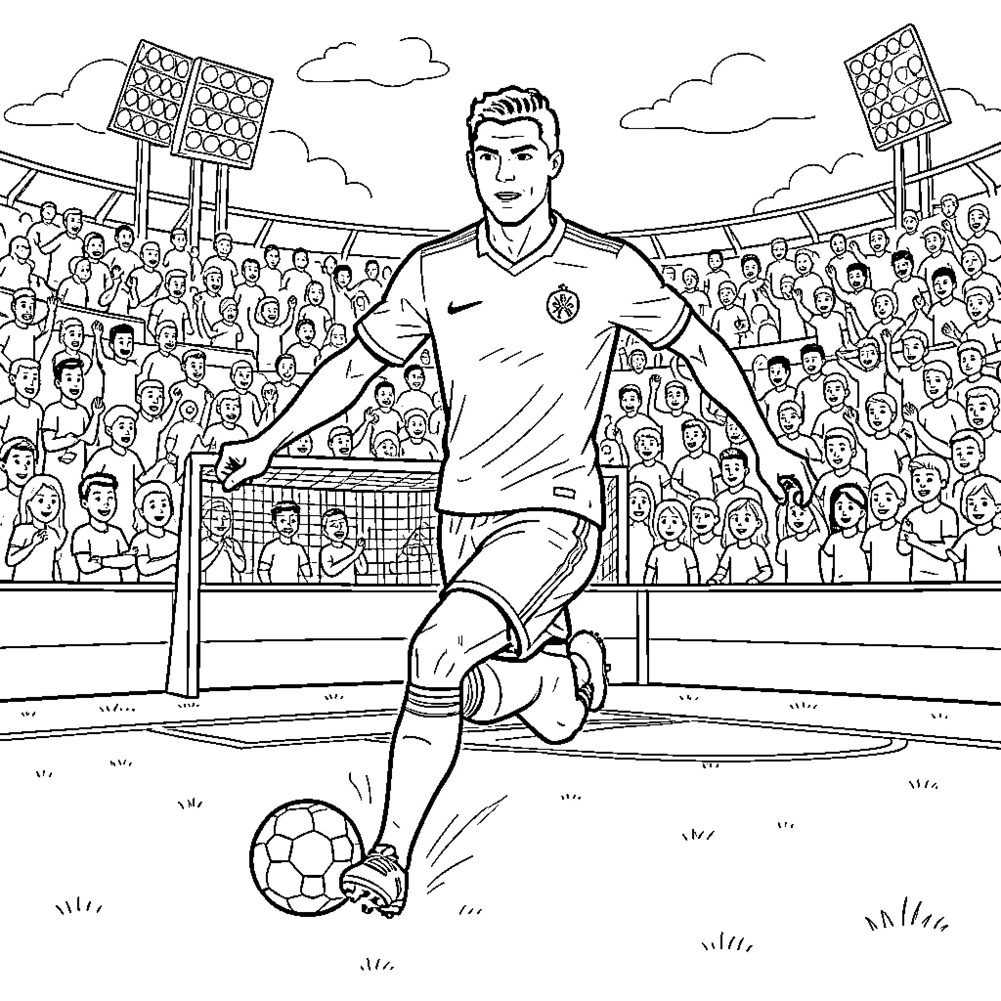 Ronaldo dribbling a soccer ball in a stadium Coloring Page (free black-and-white line drawing printable PDF for all, from beginners to advanced learners, including children, teens, adults, and seniors)