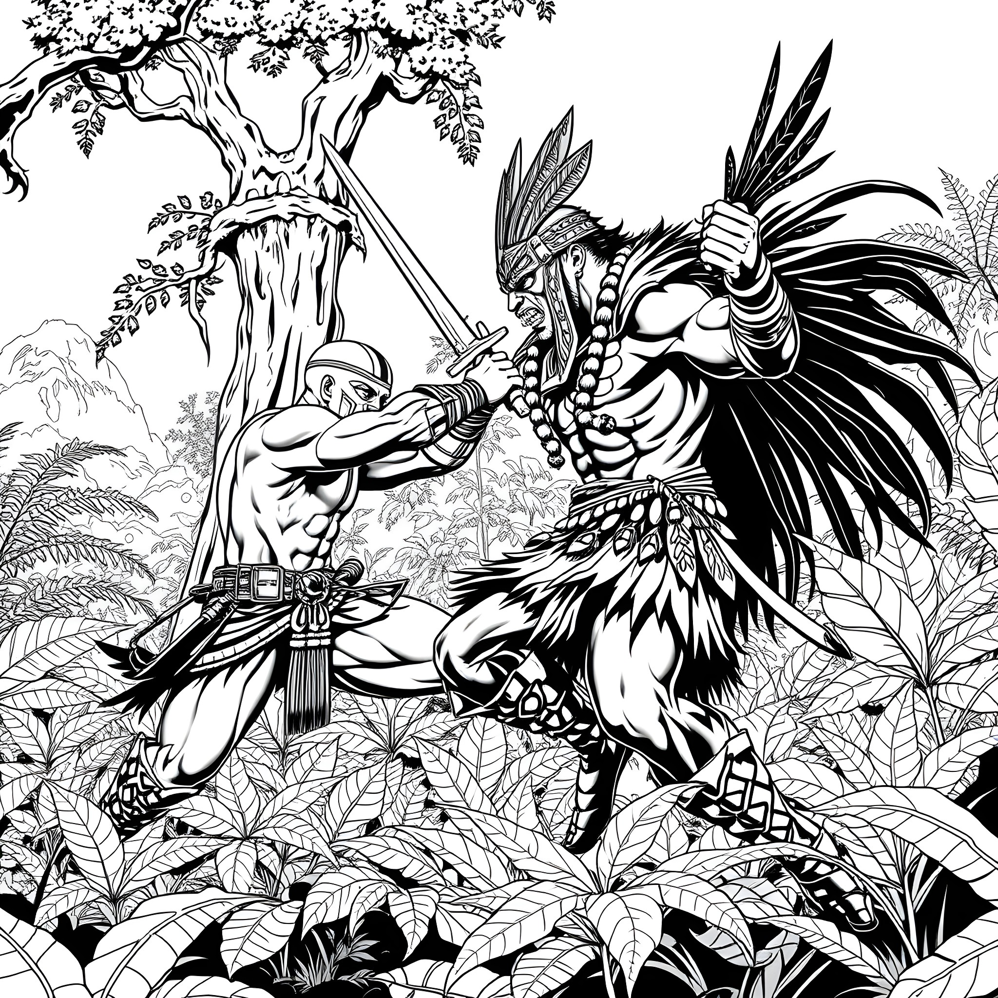 Sub Zero Warrior Battling in Lush Jungle Landscape Coloring Page (free black-and-white line drawing printable PDF for all, from beginners to advanced learners, including children, teens, adults, and seniors)