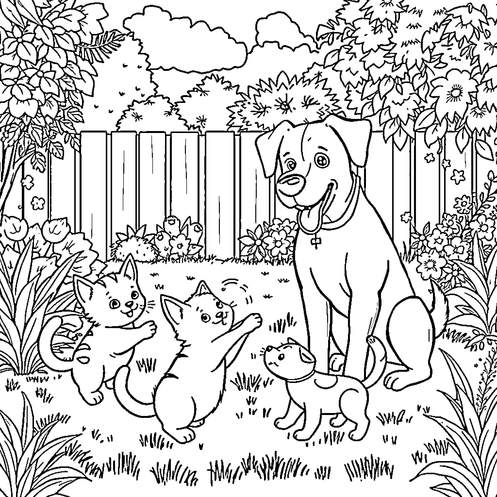 Cat and Puppy Exploring the Backyard Coloring Page (free black-and-white line drawing printable PDF for all, from beginners to advanced learners, including children, teens, adults, and seniors)