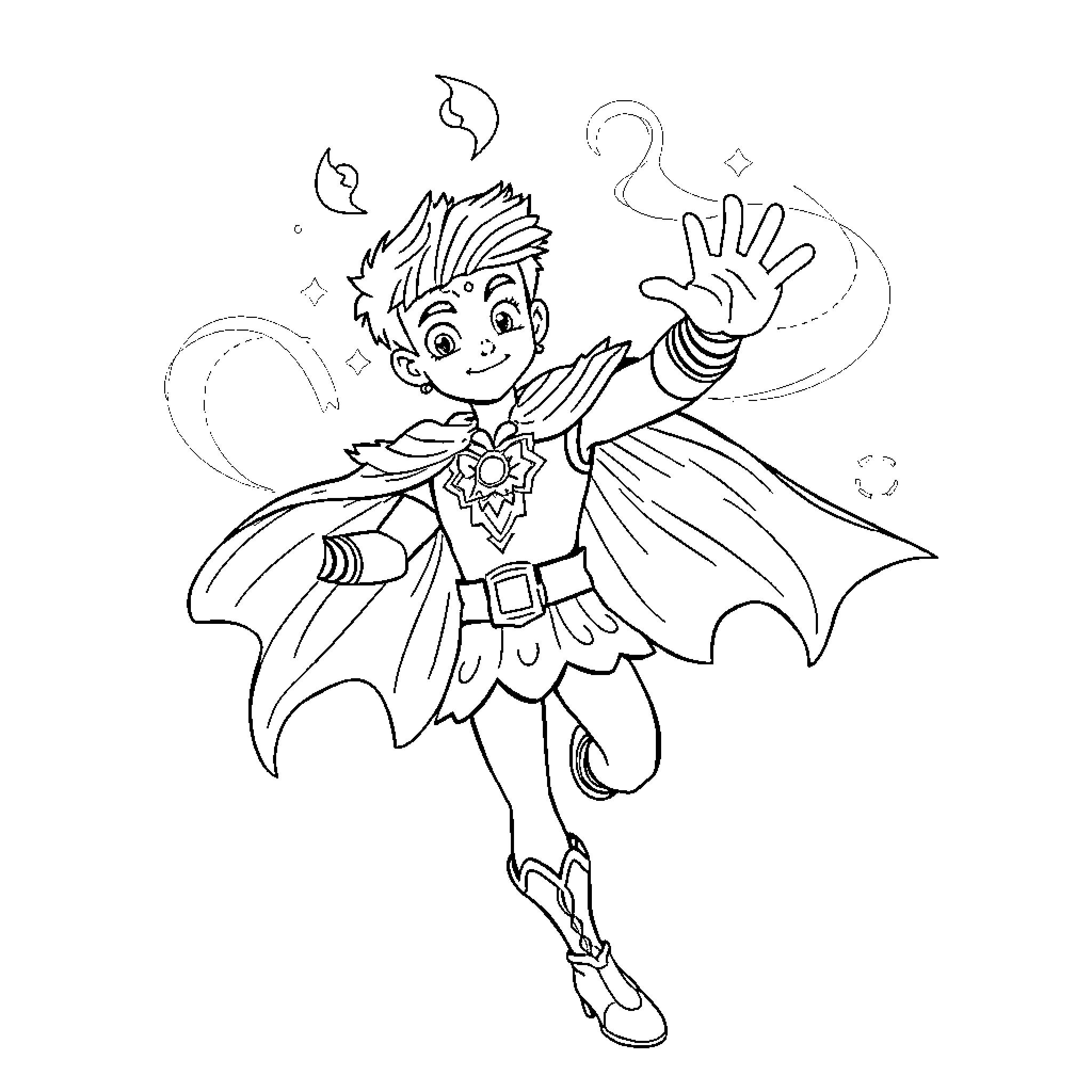 Baalveer in heroic superhero pose Coloring Page (free black-and-white line drawing printable PDF for all, from beginners to advanced learners, including children, teens, adults, and seniors)