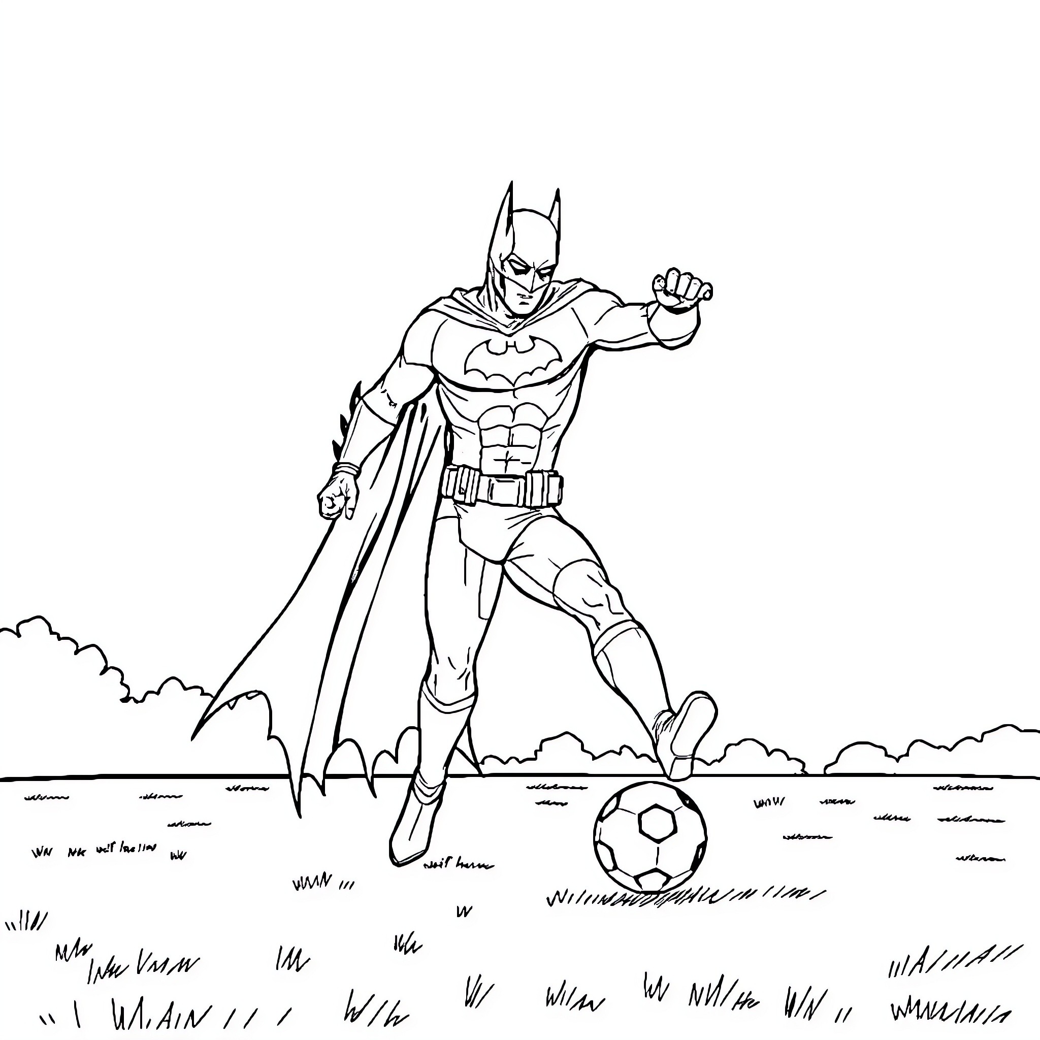 Batman kicking a soccer ball on the field Coloring Page (free black-and-white line drawing printable PDF for all, from beginners to advanced learners, including children, teens, adults, and seniors)