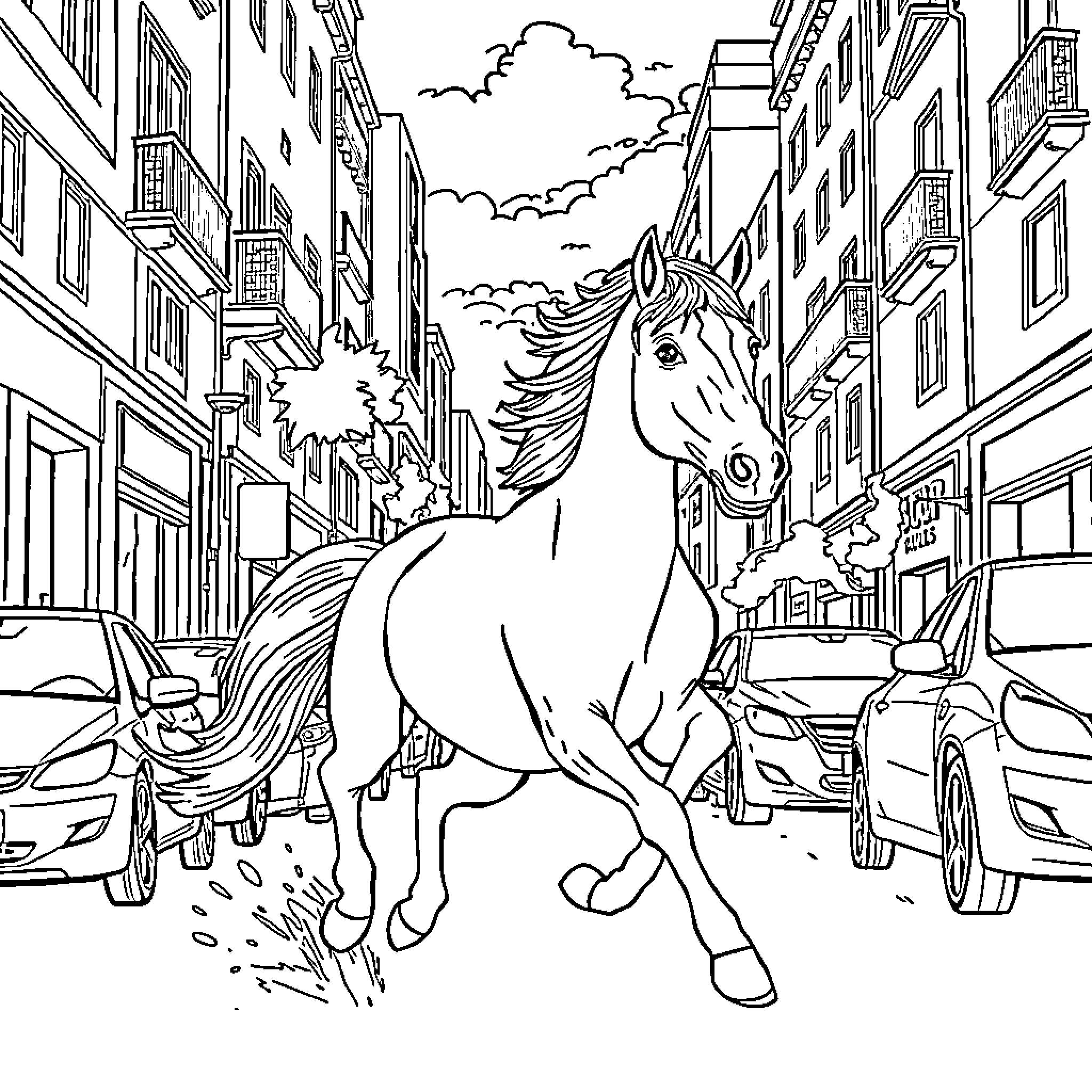 Caballo galloping through the busy city streets Coloring Page (free black-and-white line drawing printable PDF for all, from beginners to advanced learners, including children, teens, adults, and seniors)