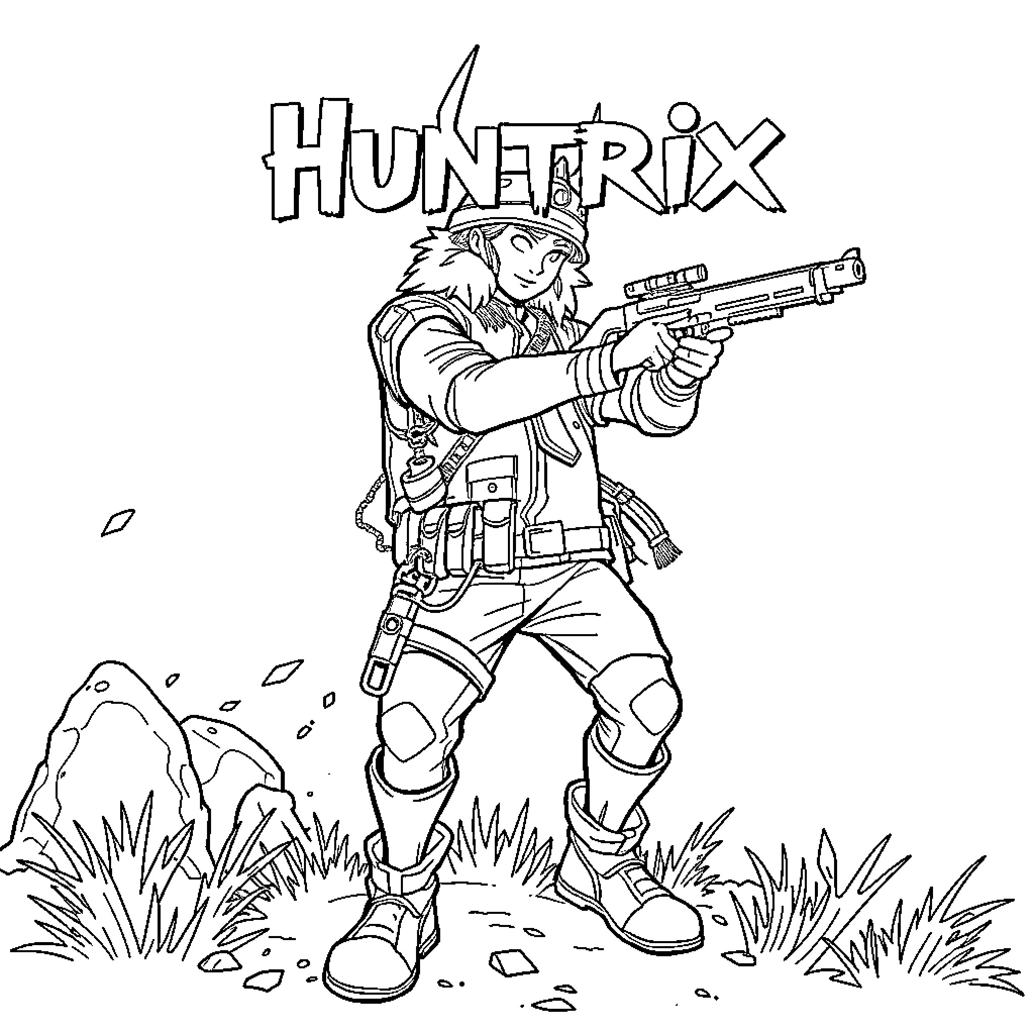 Huntrix Adventurer in Action Coloring Page (free black-and-white line drawing printable PDF for all, from beginners to advanced learners, including children, teens, adults, and seniors)