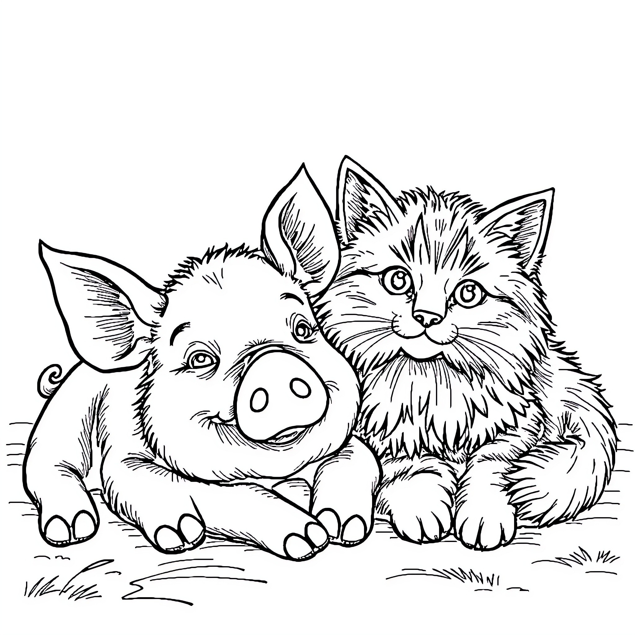 Pig and cat posing together playfully Coloring Page (free black-and-white line drawing printable PDF for all, from beginners to advanced learners, including children, teens, adults, and seniors)