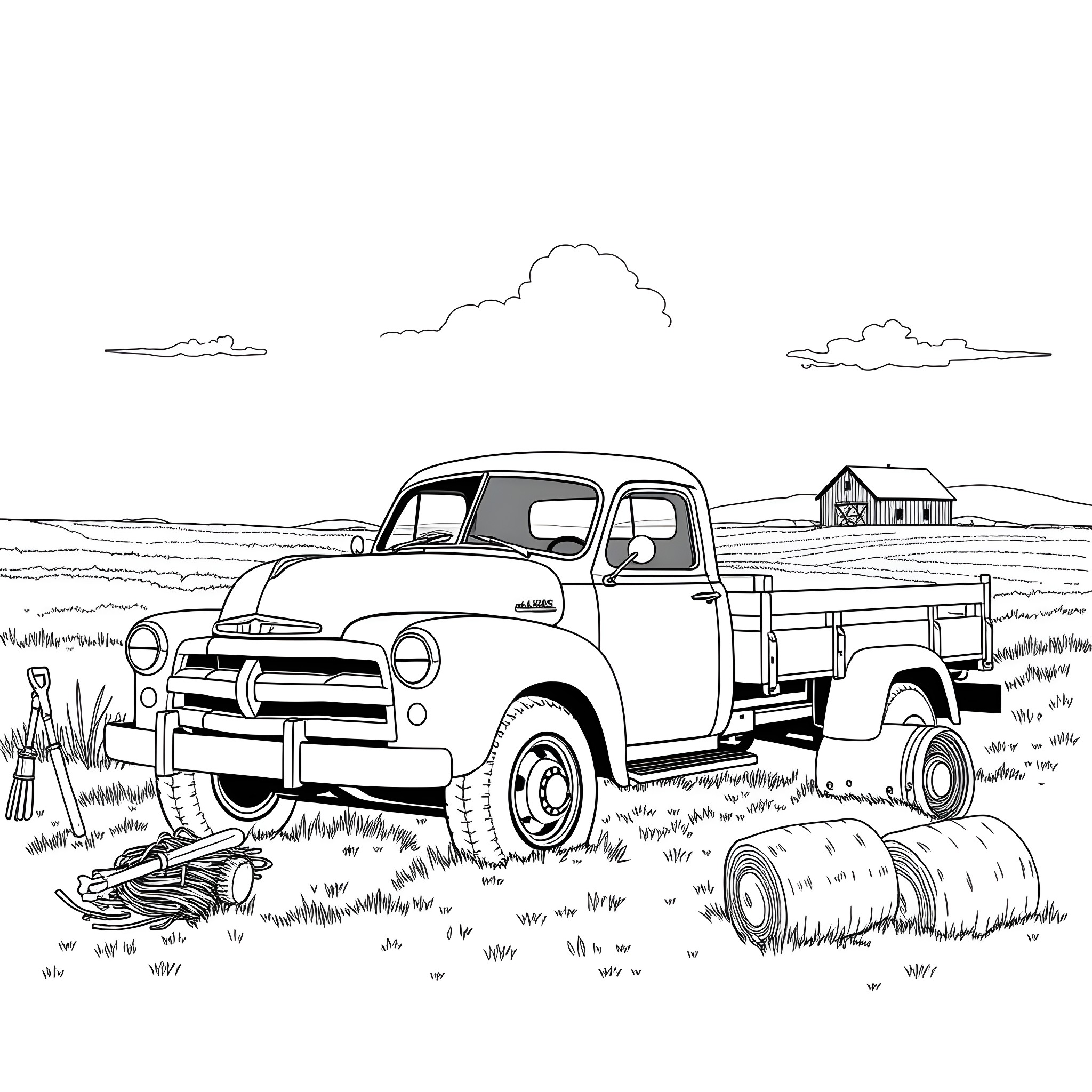 Grain Pickup Truck with Bales on a Rural Landscape Coloring Page (free black-and-white line drawing printable PDF for all, from beginners to advanced learners, including children, teens, adults, and seniors)