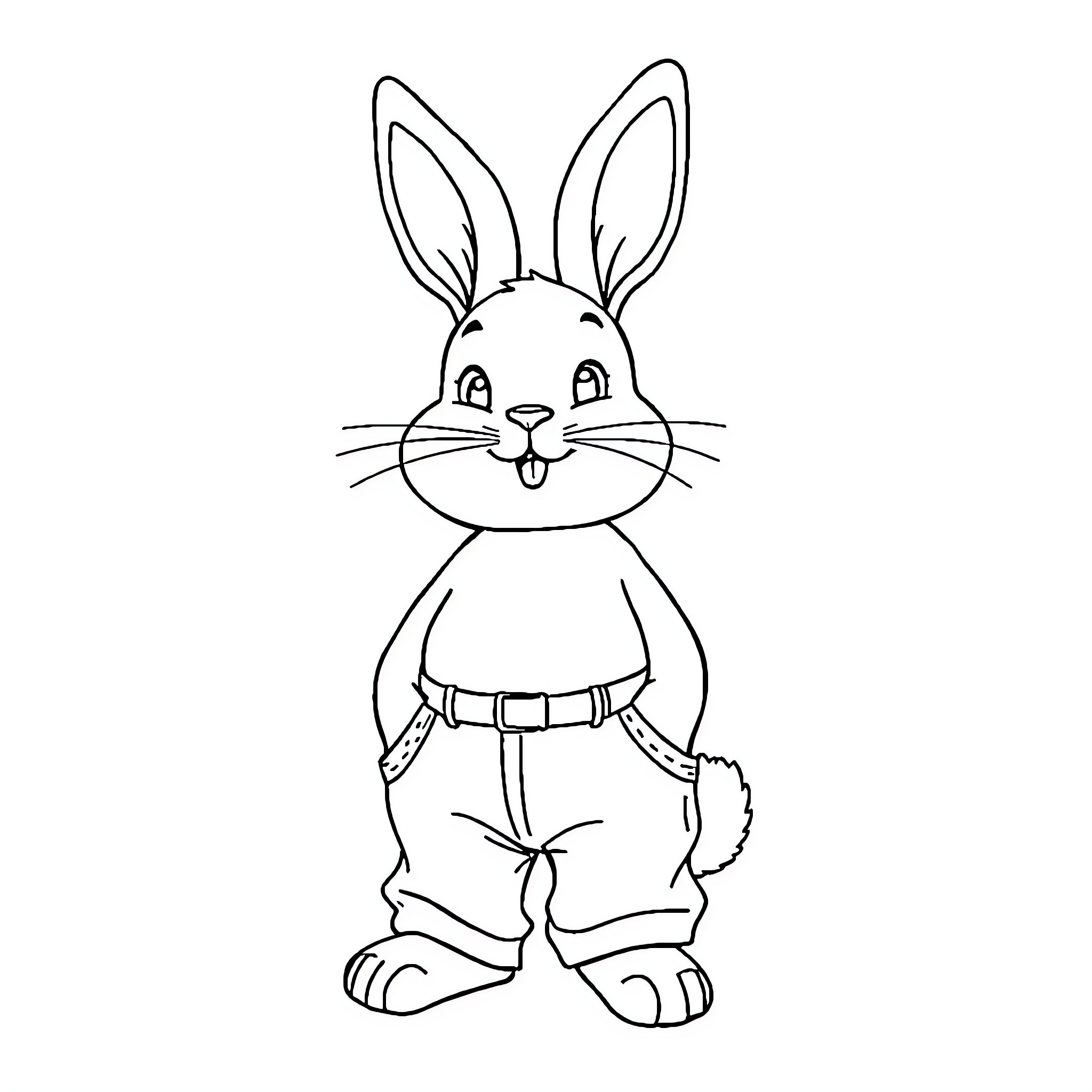Bunny in overalls with happy expression Coloring Page (free black-and-white line drawing printable PDF for all, from beginners to advanced learners, including children, teens, adults, and seniors)