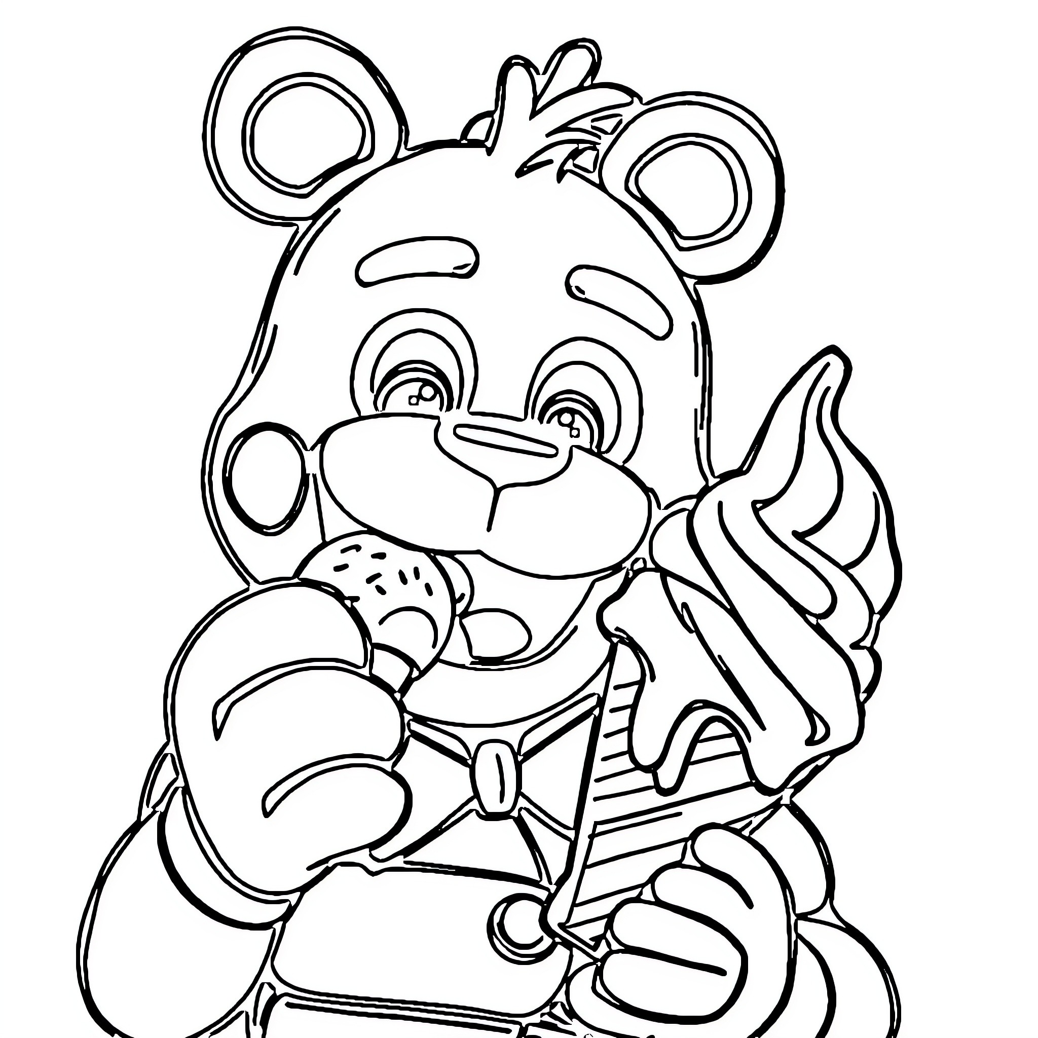 Freddy Fazbear enjoying an ice cream treat Coloring Page (free black-and-white line drawing printable PDF for all, from beginners to advanced learners, including children, teens, adults, and seniors)