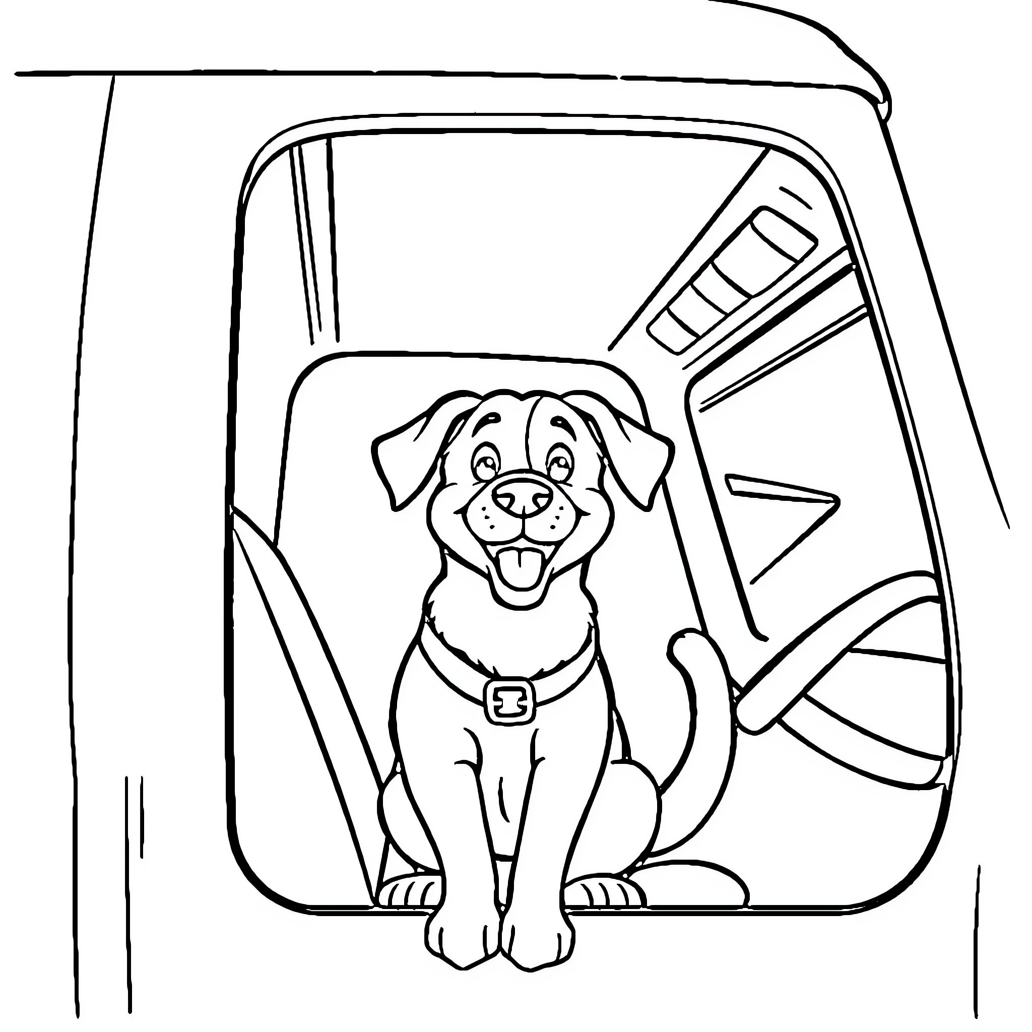 Dog looking happily out of vehicle window Coloring Page (free black-and-white line drawing printable PDF for all, from beginners to advanced learners, including children, teens, adults, and seniors)