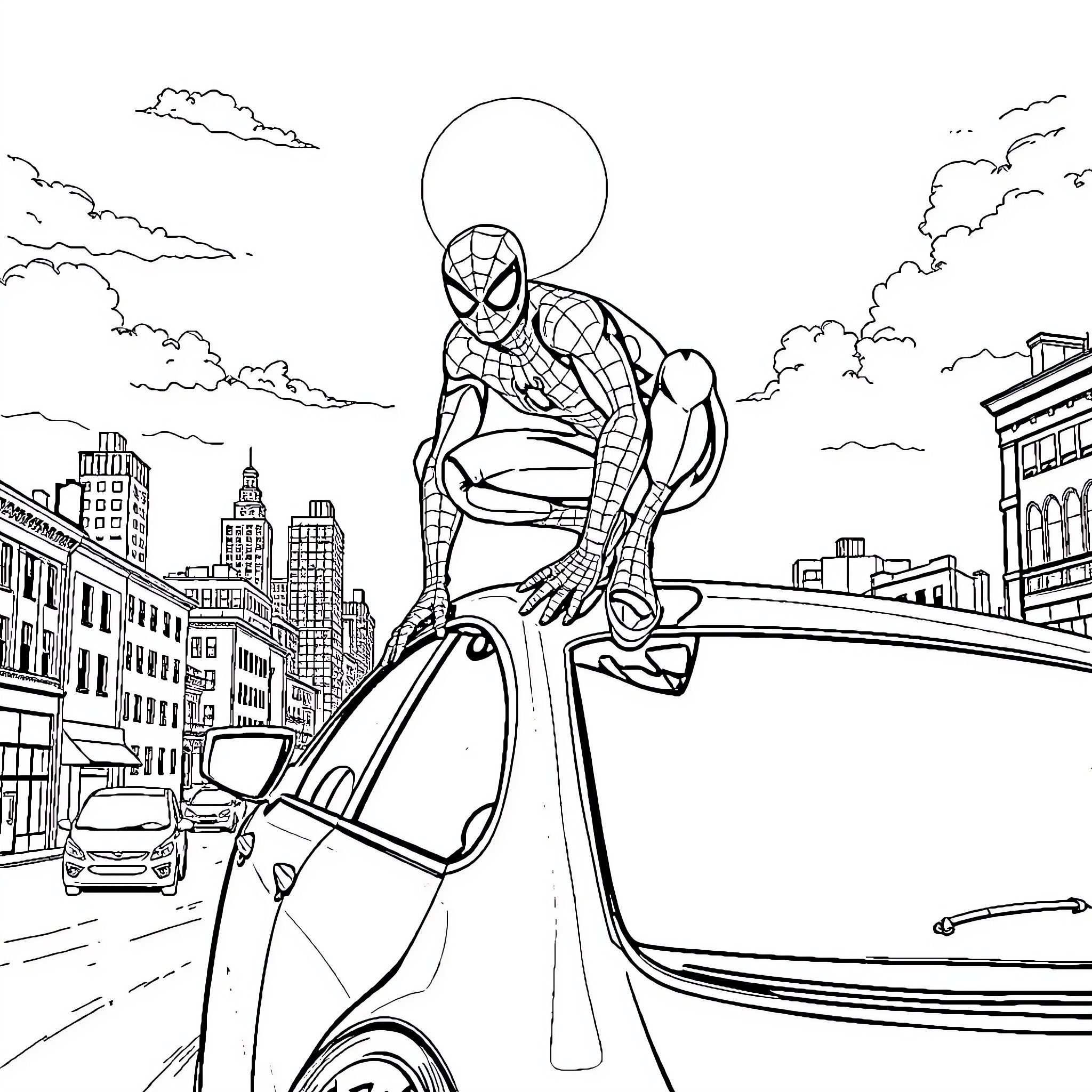 Spider-Man swinging through the city skyline Coloring Page (free black-and-white line drawing printable PDF for all, from beginners to advanced learners, including children, teens, adults, and seniors)