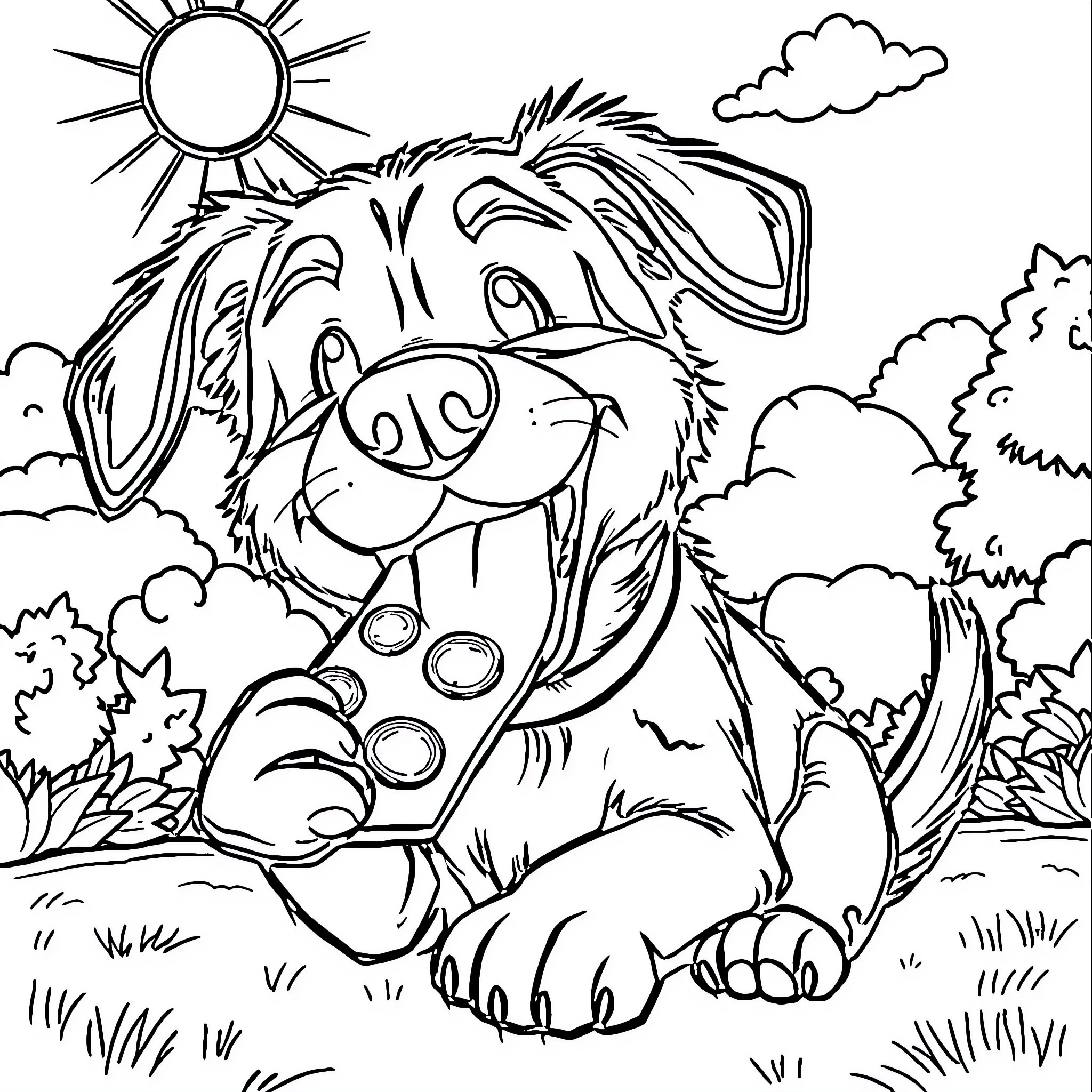 Dog enjoying a sunny day outdoors Coloring Page (free black-and-white line drawing printable PDF for all, from beginners to advanced learners, including children, teens, adults, and seniors)
