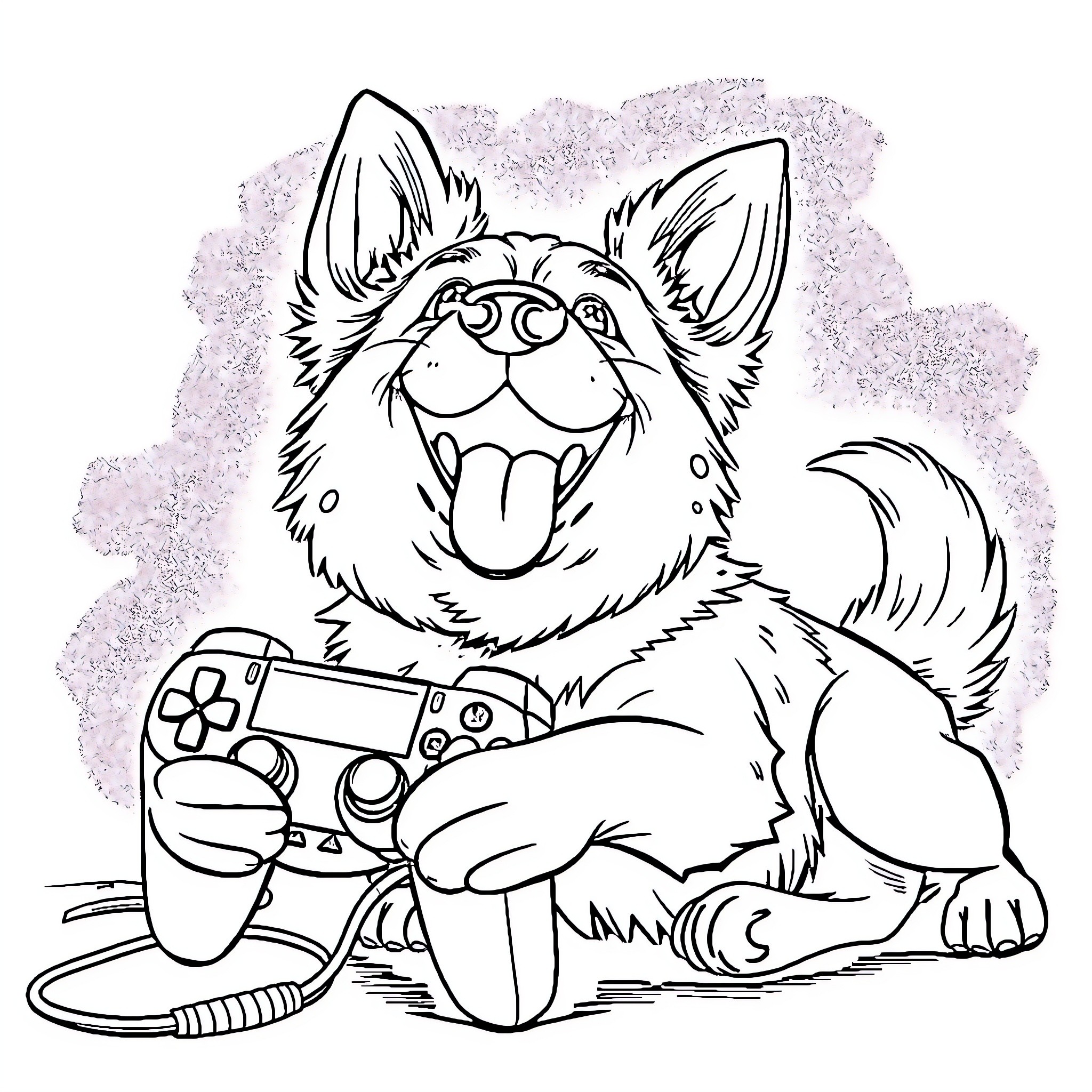 Dog Playing Joyfully with Gaming Controller Coloring Page (free black-and-white line drawing printable PDF for all, from beginners to advanced learners, including children, teens, adults, and seniors)