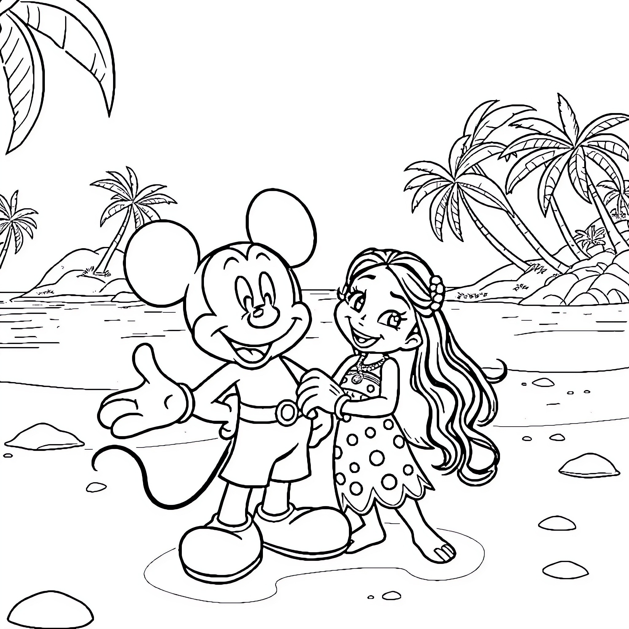 Mickey and friend enjoy tropical beach getaway Coloring Page (free black-and-white line drawing printable PDF for all, from beginners to advanced learners, including children, teens, adults, and seniors)