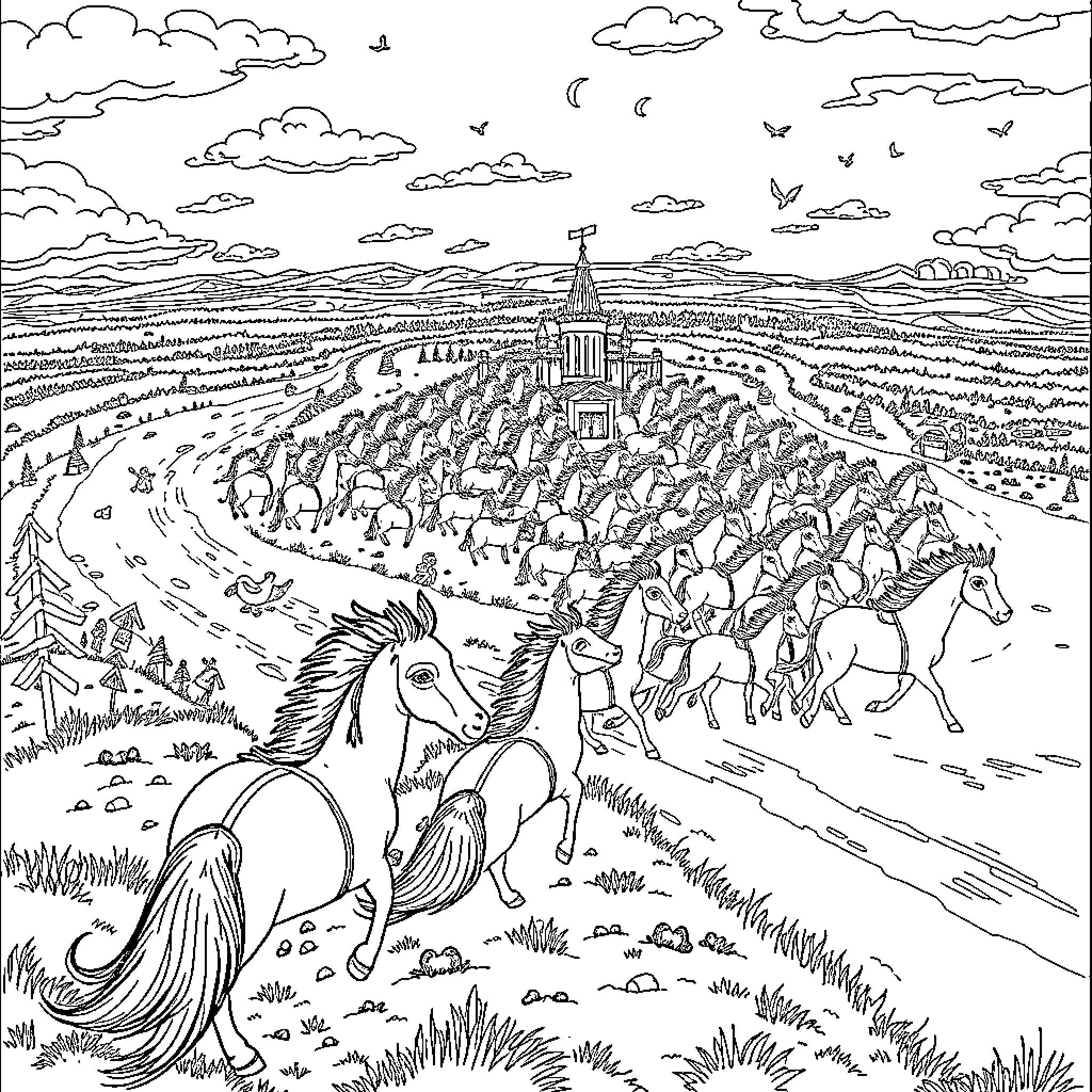 Beaver and horses in a fantastical countryside landscape Coloring Page (free black-and-white line drawing printable PDF for all, from beginners to advanced learners, including children, teens, adults, and seniors)