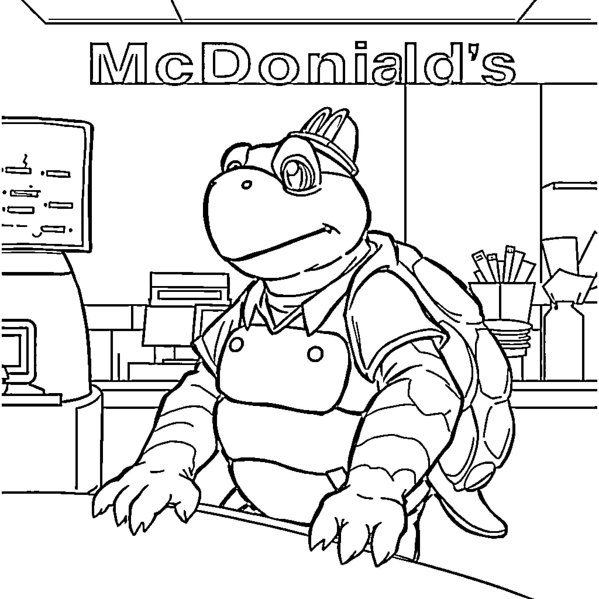 Turtle working at McDoniad's counter Coloring Page (free black-and-white line drawing printable PDF for all, from beginners to advanced learners, including children, teens, adults, and seniors)
