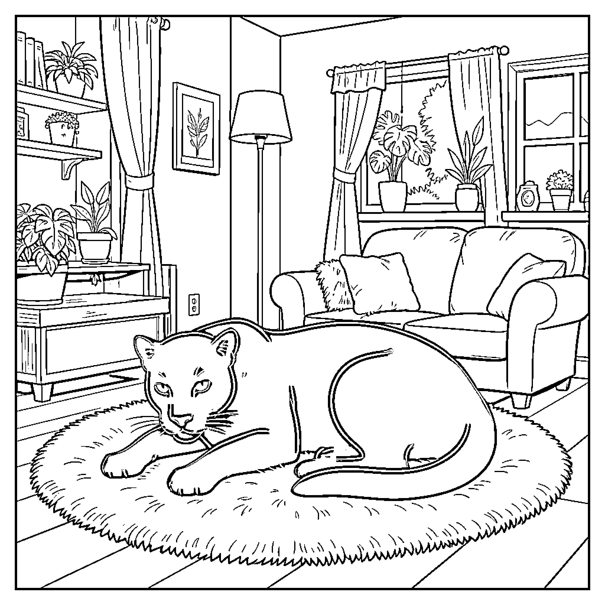 Panther resting peacefully on a rug in a living room Coloring Page (free black-and-white line drawing printable PDF for all, from beginners to advanced learners, including children, teens, adults, and seniors)
