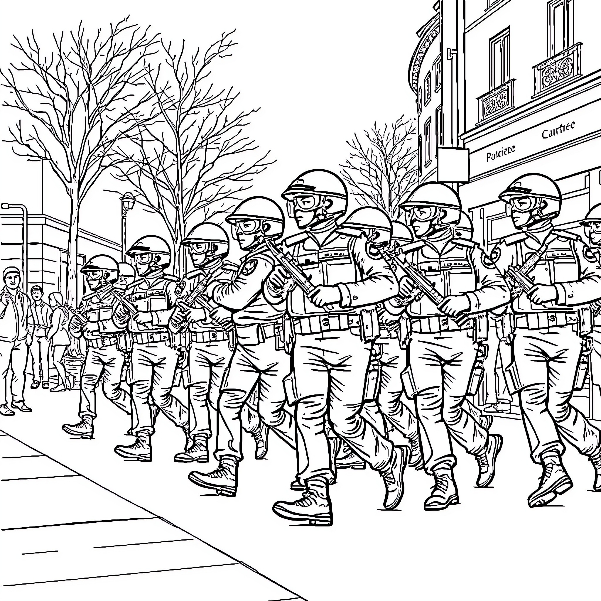 Patrol of uniformed personnel marching on city street Coloring Page (free black-and-white line drawing printable PDF for all, from beginners to advanced learners, including children, teens, adults, and seniors)