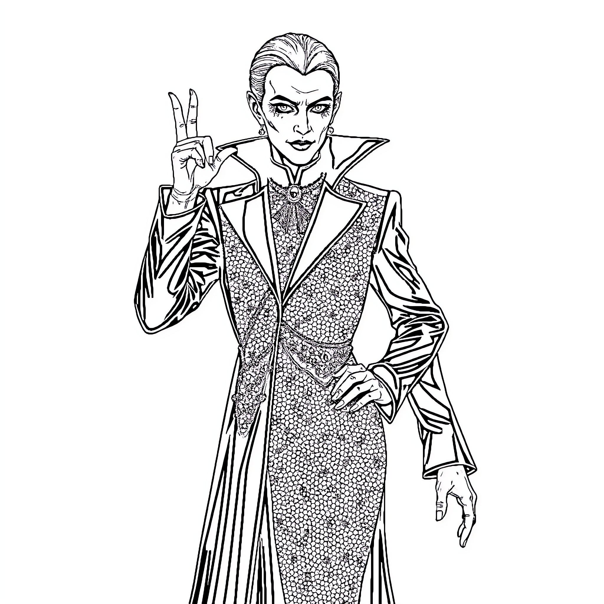 Voldemort in Flamboyant Attire Making a Gesture Coloring Page (free black-and-white line drawing printable PDF for all, from beginners to advanced learners, including children, teens, adults, and seniors)