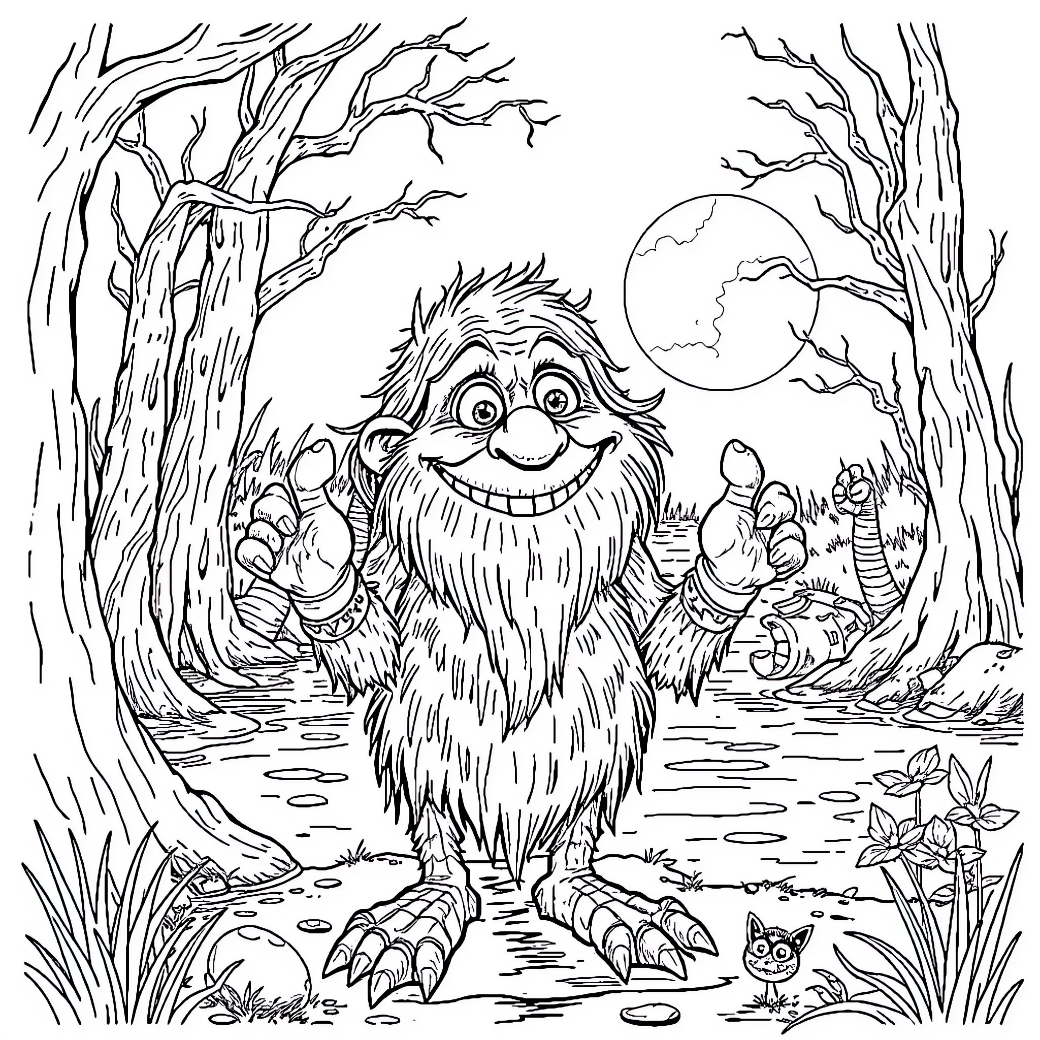 Old Gregg Embracing the Nocturnal Wilderness Coloring Page (free black-and-white line drawing printable PDF for all, from beginners to advanced learners, including children, teens, adults, and seniors)