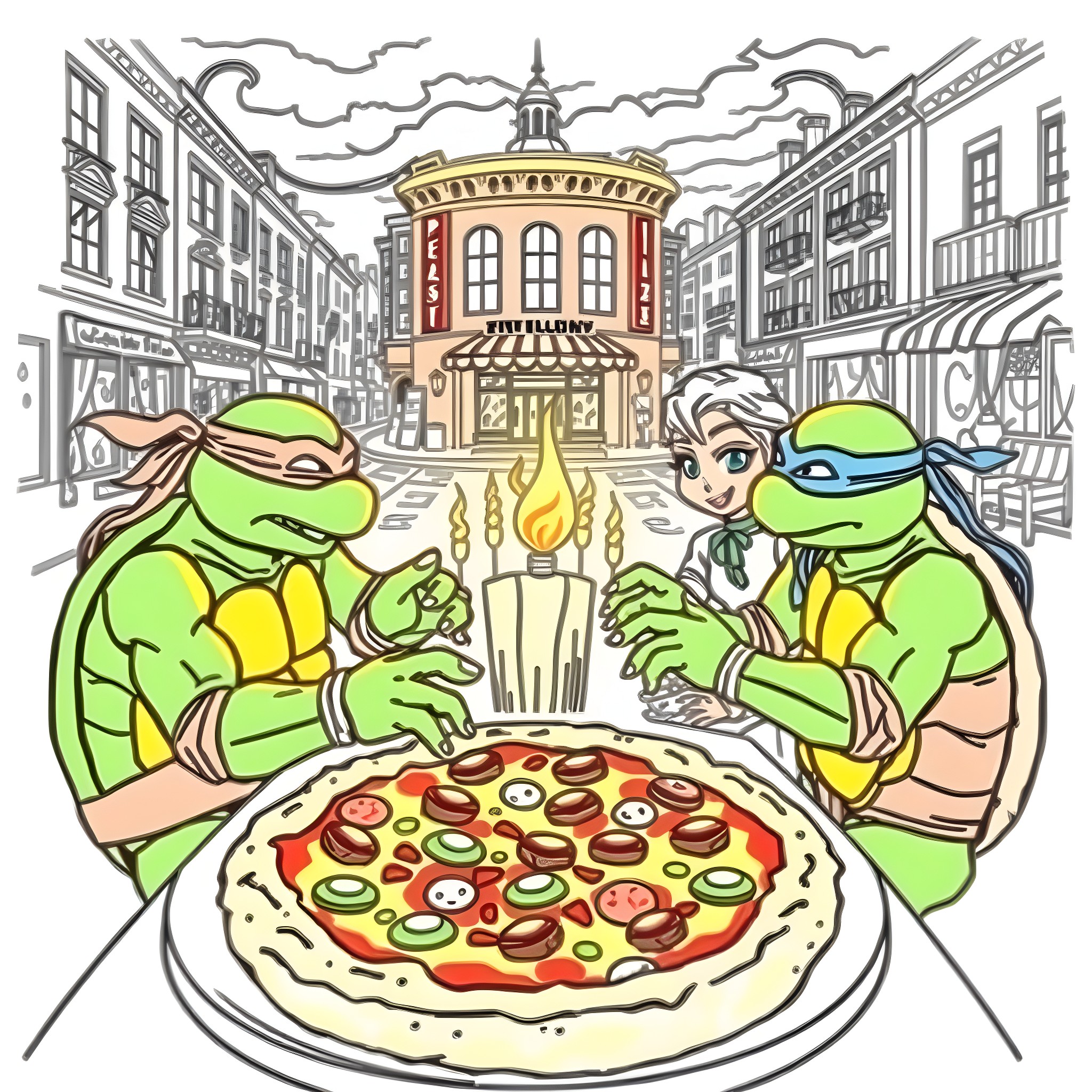 Teenage Mutant Ninja Turtles enjoy a delicious pizza in the city Coloring Page (free black-and-white line drawing printable PDF for all, from beginners to advanced learners, including children, teens, adults, and seniors)