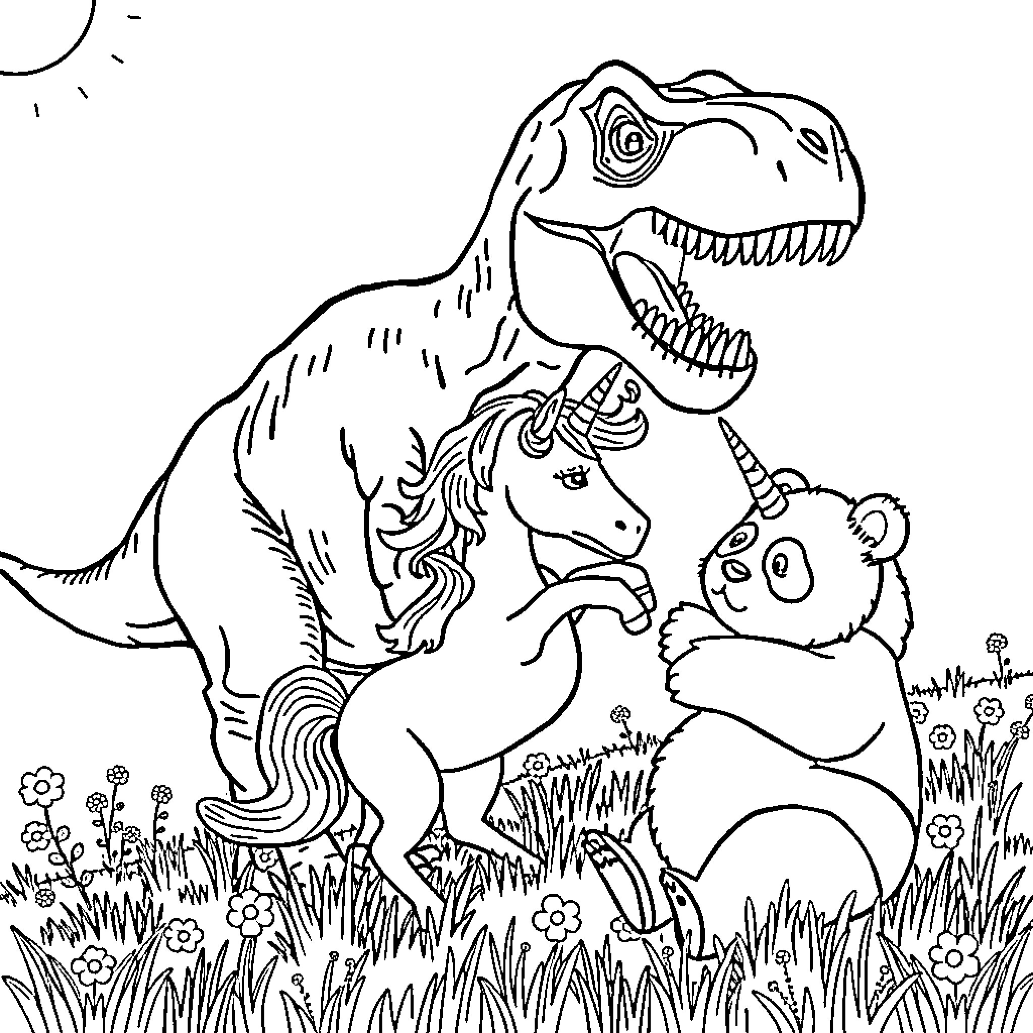 Tyrannosaurus Rex chasing unicorn and panda in meadow Coloring Page (free black-and-white line drawing printable PDF for all, from beginners to advanced learners, including children, teens, adults, and seniors)
