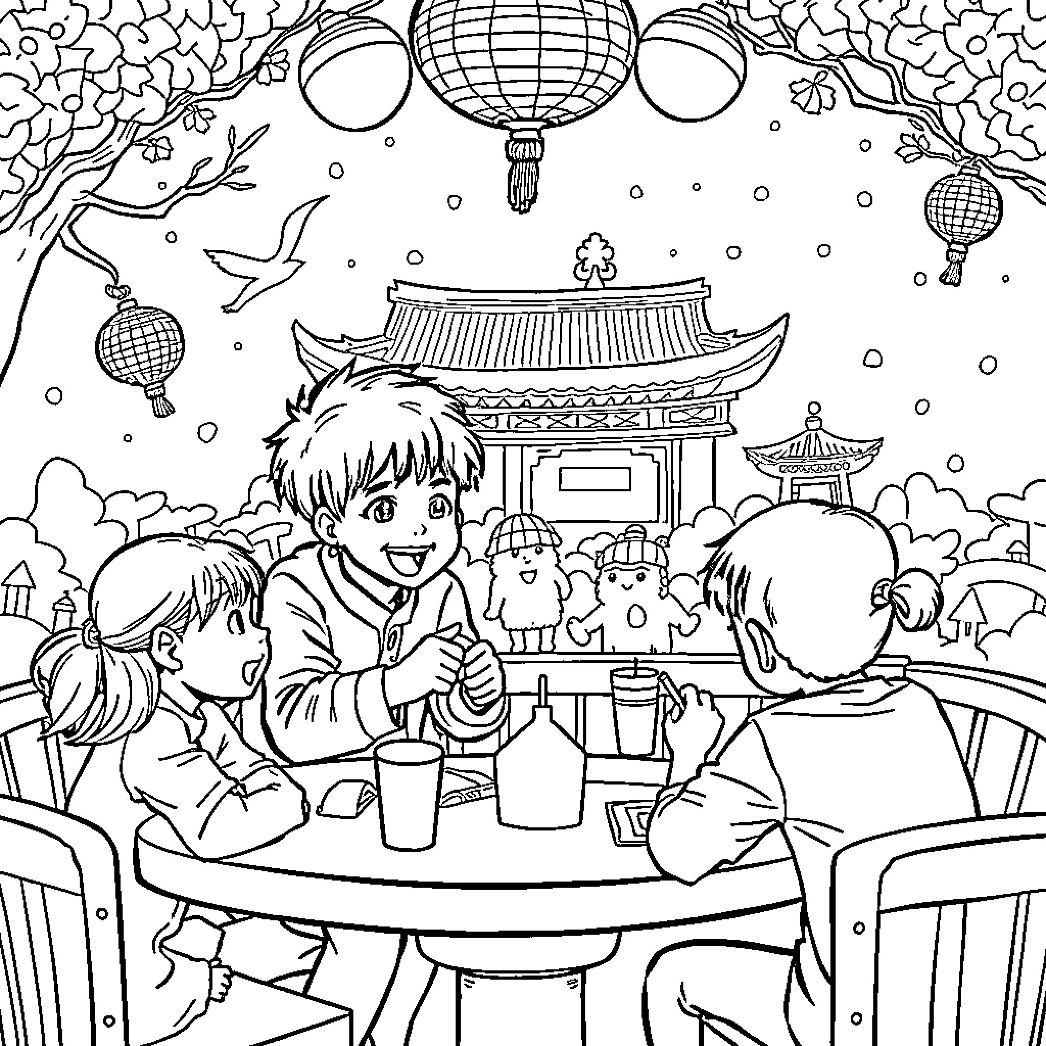 Miniteen Enjoying Festive Asian Celebration Coloring Page (free black-and-white line drawing printable PDF for all, from beginners to advanced learners, including children, teens, adults, and seniors)