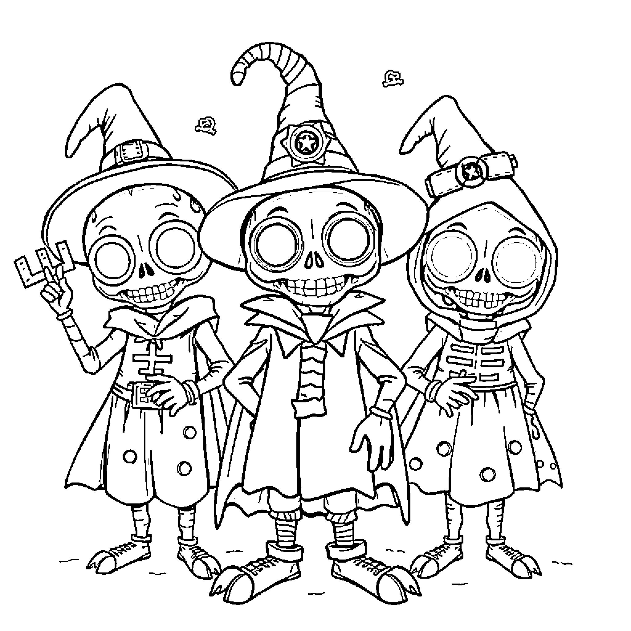 Brain Rot: Spooky Skeleton Trio in Quirky Attire Coloring Page (free black-and-white line drawing printable PDF for all, from beginners to advanced learners, including children, teens, adults, and seniors)