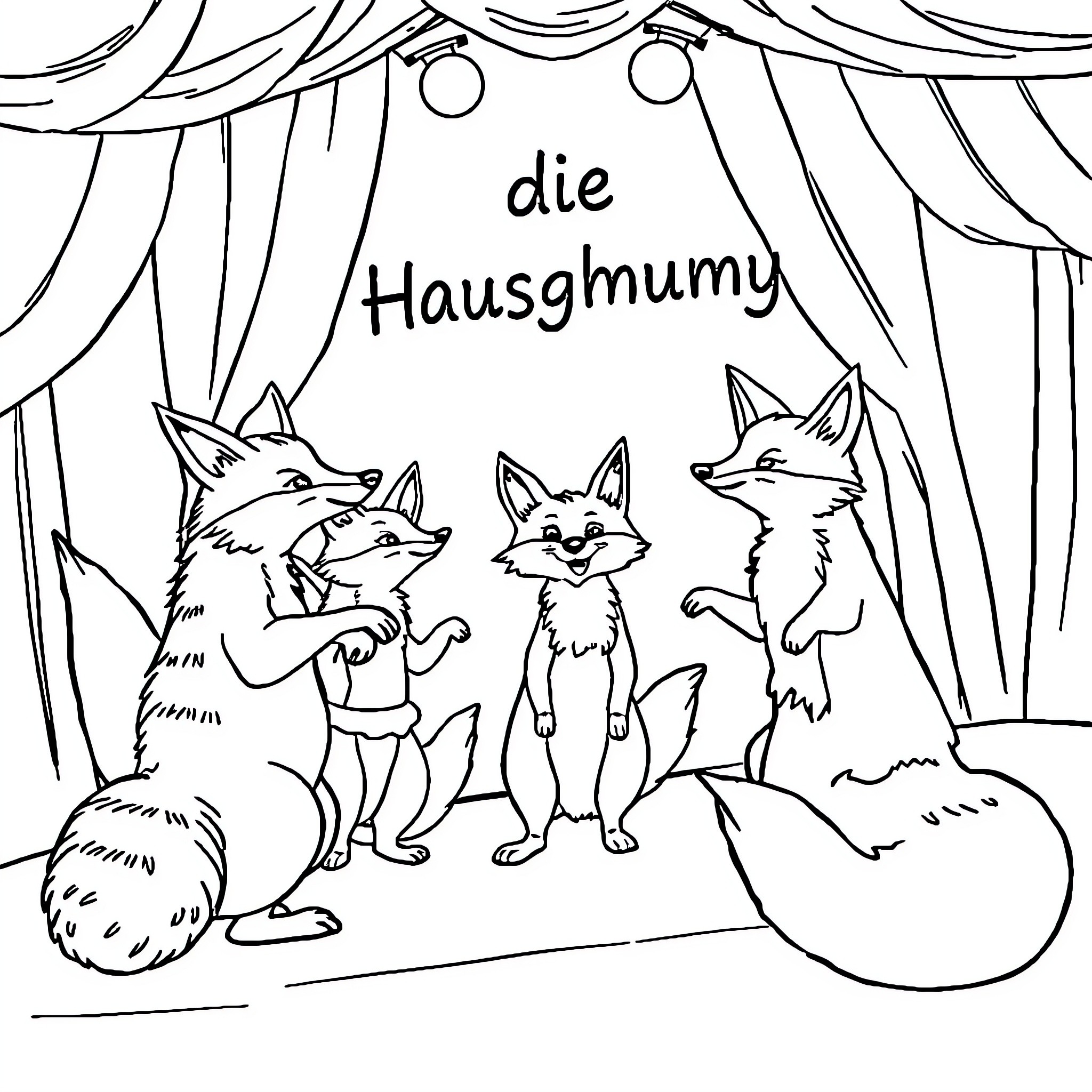 Fox performers on stage in a play Coloring Page (free black-and-white line drawing printable PDF for all, from beginners to advanced learners, including children, teens, adults, and seniors)