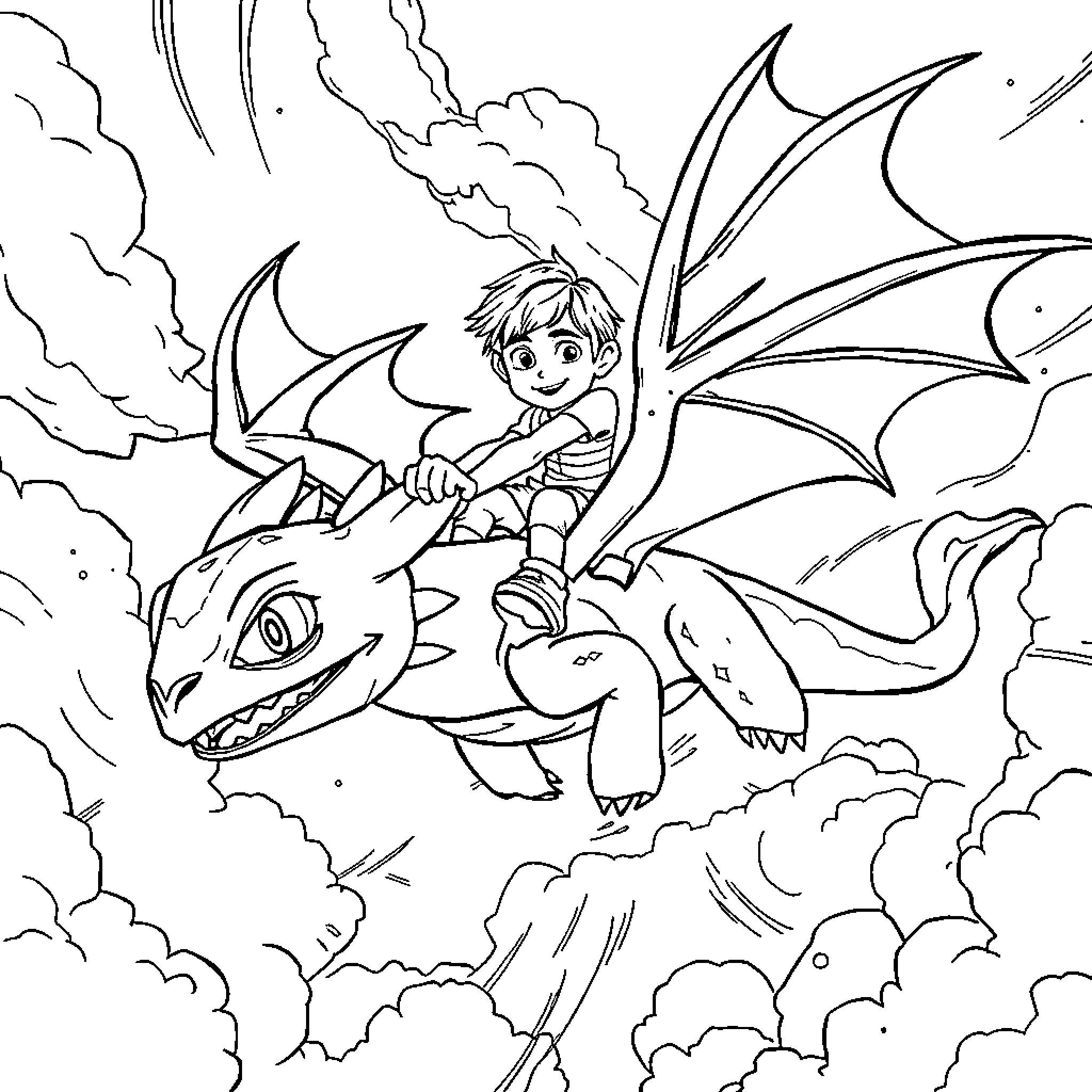 Hiccup and dragon flying above the clouds Coloring Page (free black-and-white line drawing printable PDF for all, from beginners to advanced learners, including children, teens, adults, and seniors)
