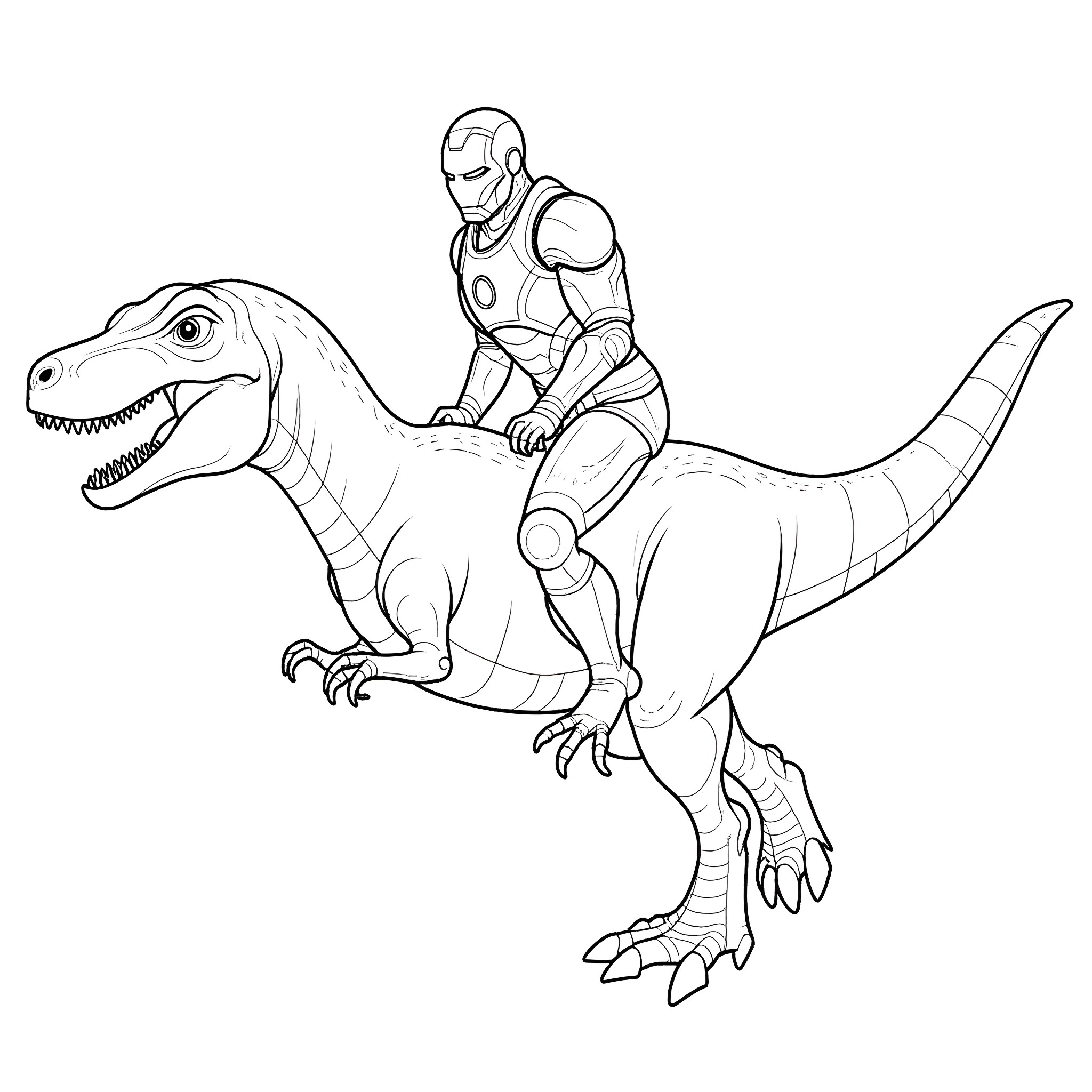 Ironman riding a fearsome dinosaur Coloring Page (free black-and-white line drawing printable PDF for all, from beginners to advanced learners, including children, teens, adults, and seniors)