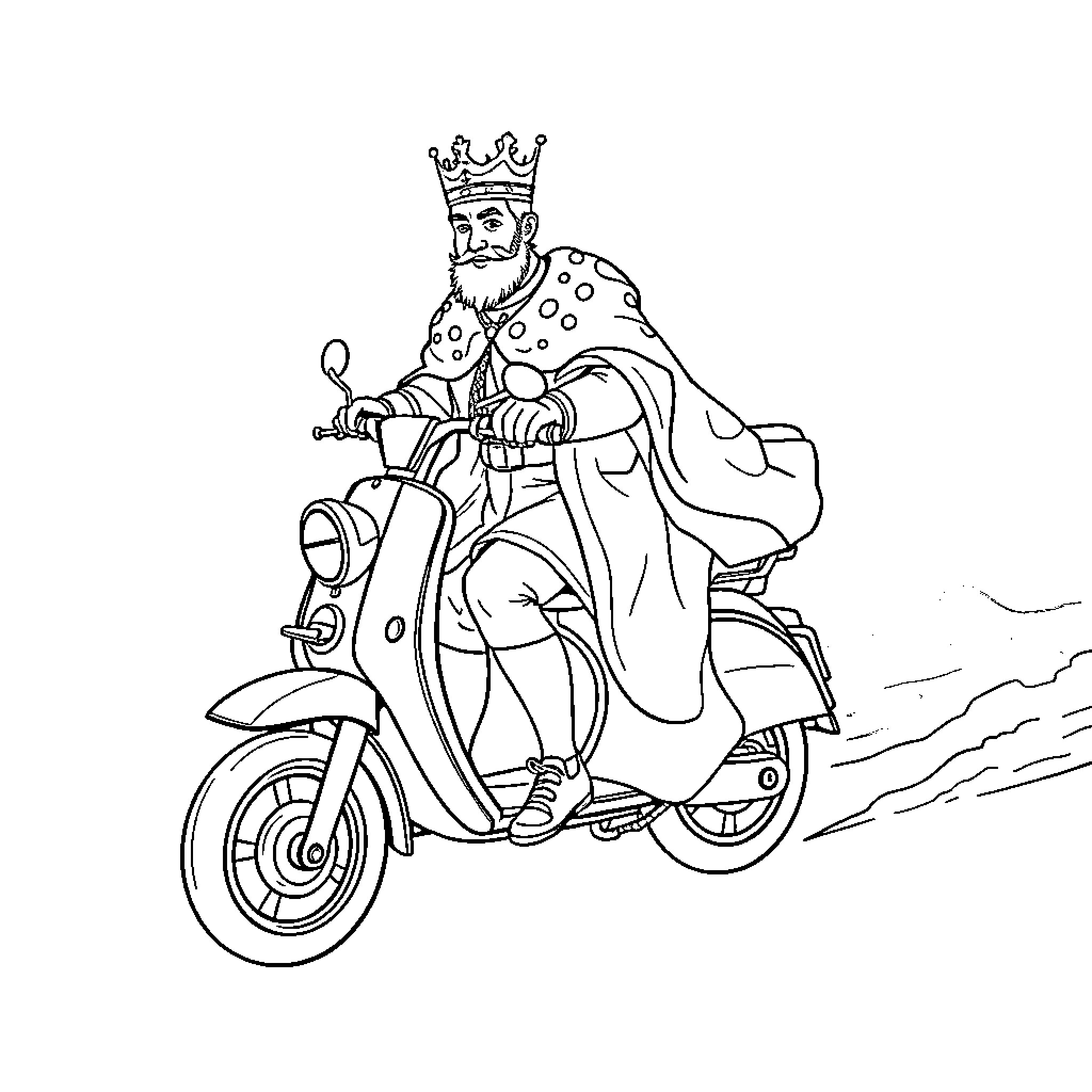 King Henry VIII riding a vintage motorcycle Coloring Page (free black-and-white line drawing printable PDF for all, from beginners to advanced learners, including children, teens, adults, and seniors)
