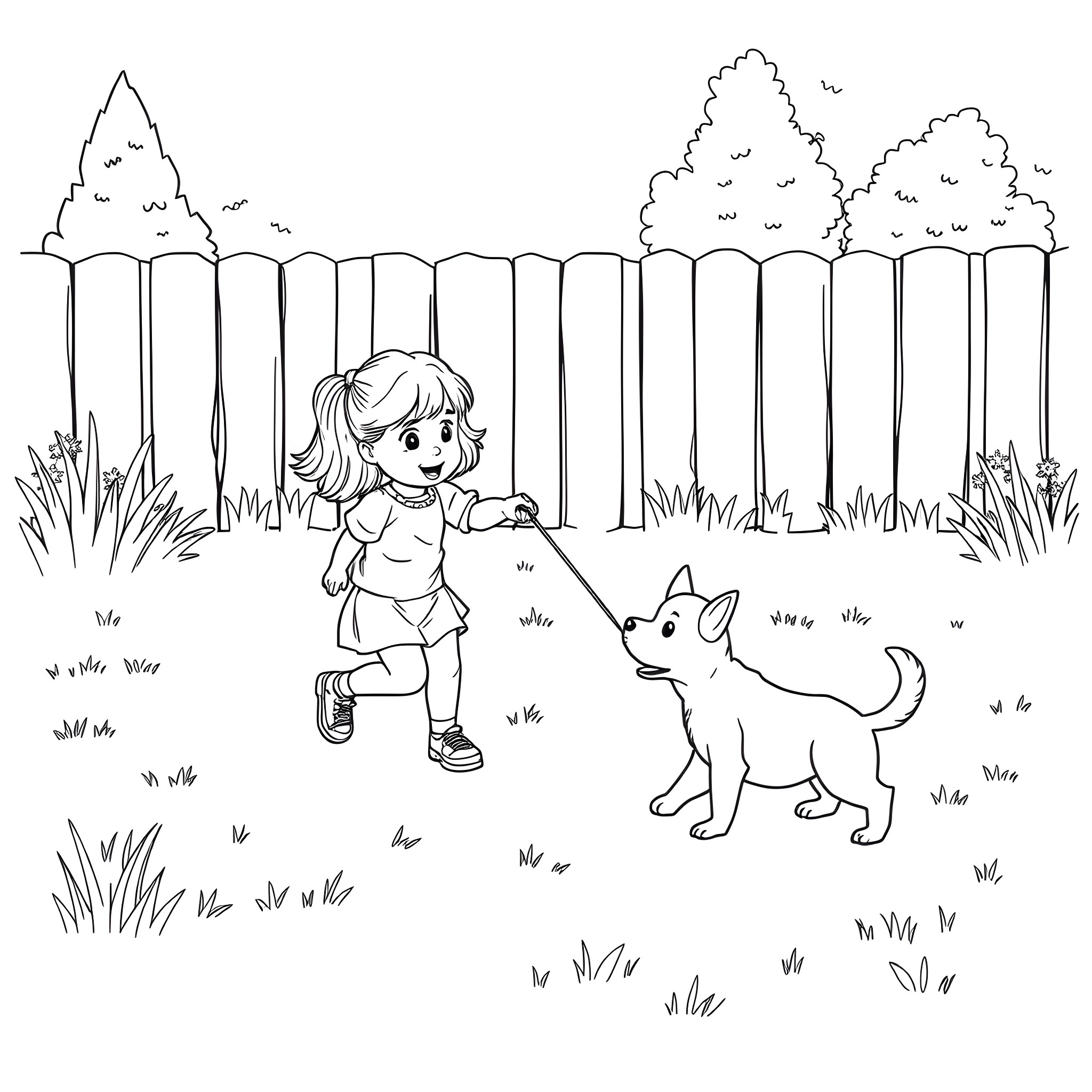 Girl walking her dog in the park Coloring Page (free black-and-white line drawing printable PDF for all, from beginners to advanced learners, including children, teens, adults, and seniors)