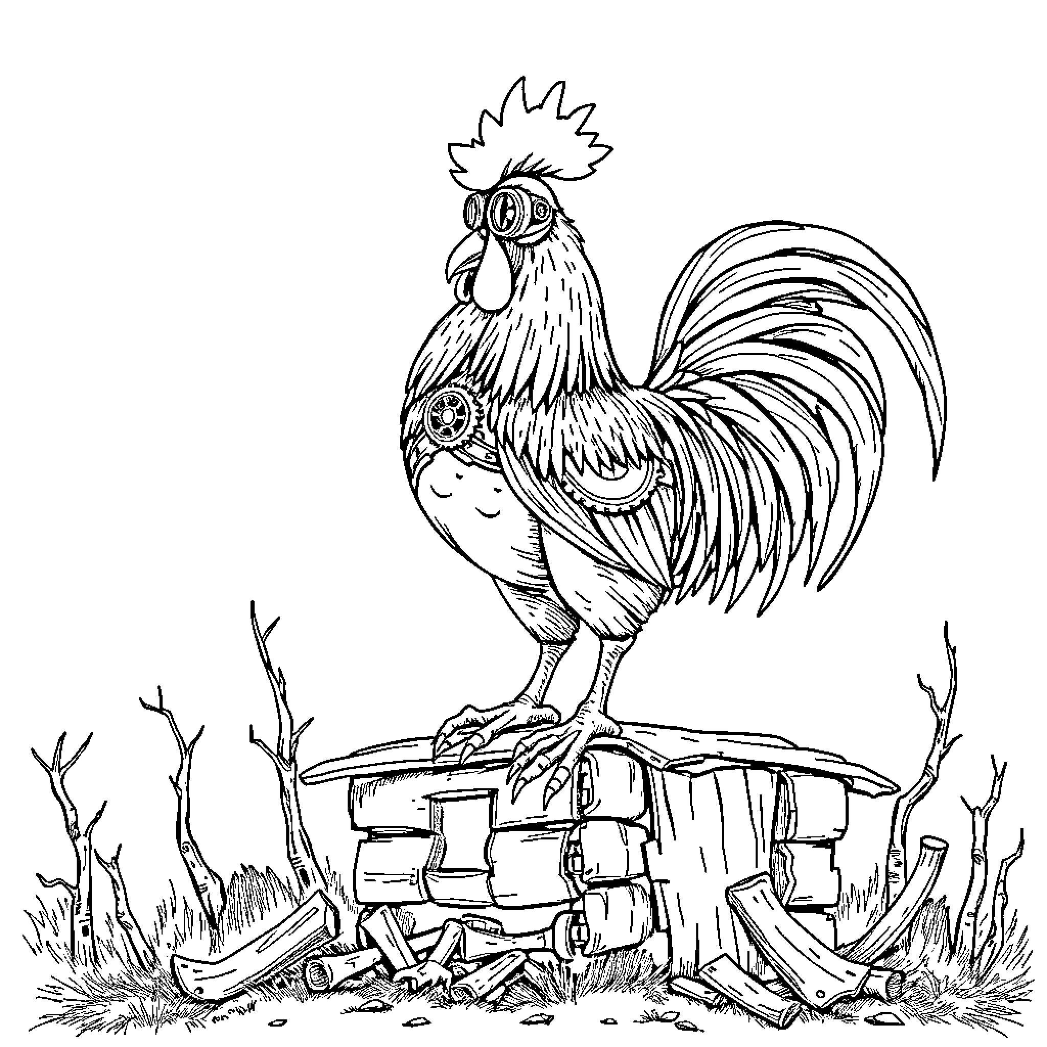 Rooster standing tall on a pile of bricks Coloring Page (free black-and-white line drawing printable PDF for all, from beginners to advanced learners, including children, teens, adults, and seniors)