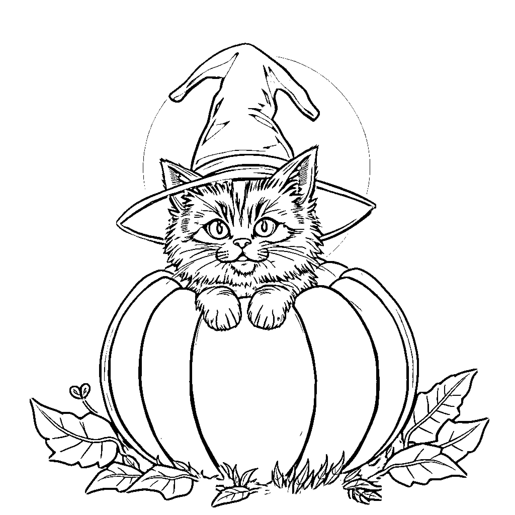Cat in Witch's Hat on Pumpkin Coloring Page (free black-and-white line drawing printable PDF for all, from beginners to advanced learners, including children, teens, adults, and seniors)
