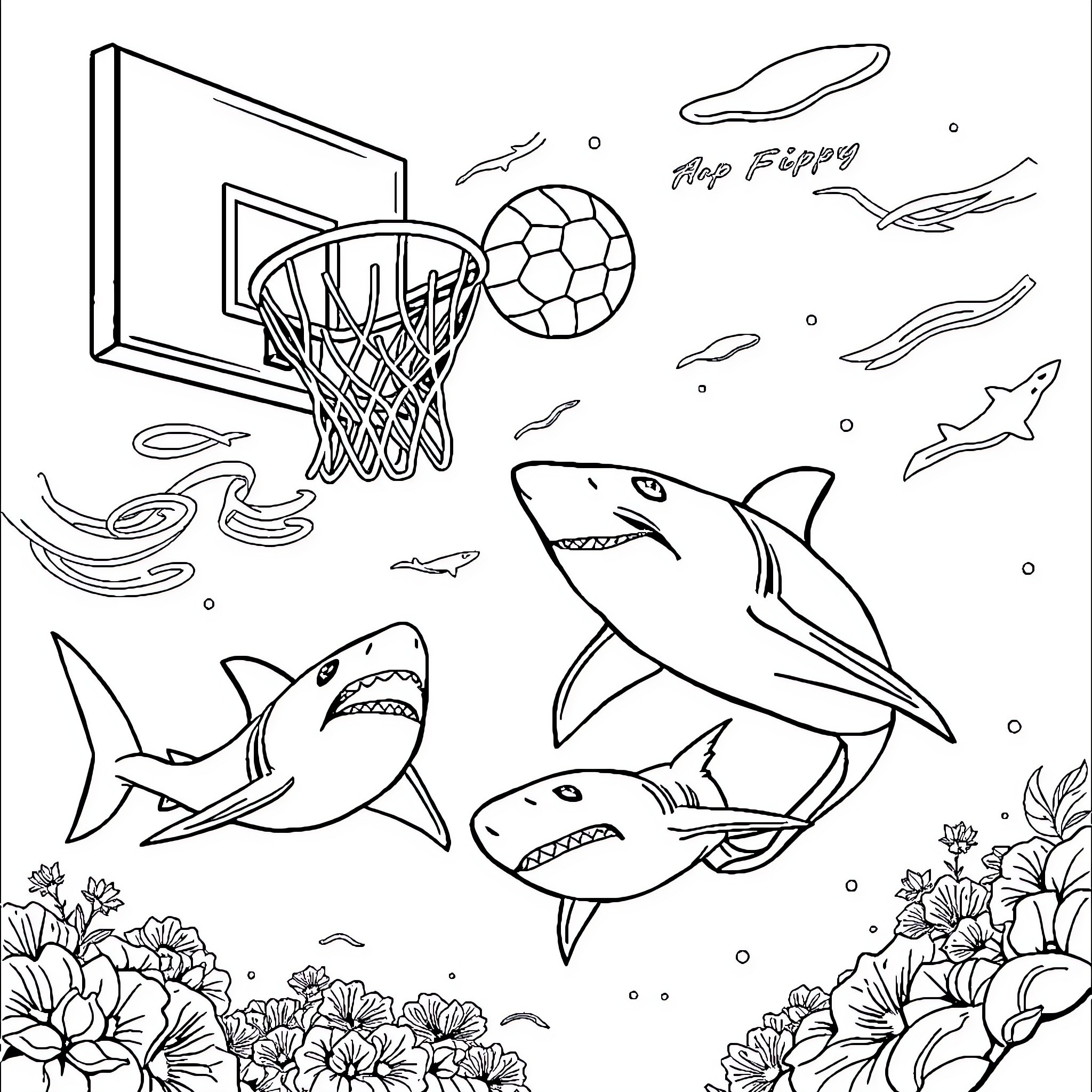 Shark playing basketball underwater with ocean scenes Coloring Page (free black-and-white line drawing printable PDF for all, from beginners to advanced learners, including children, teens, adults, and seniors)