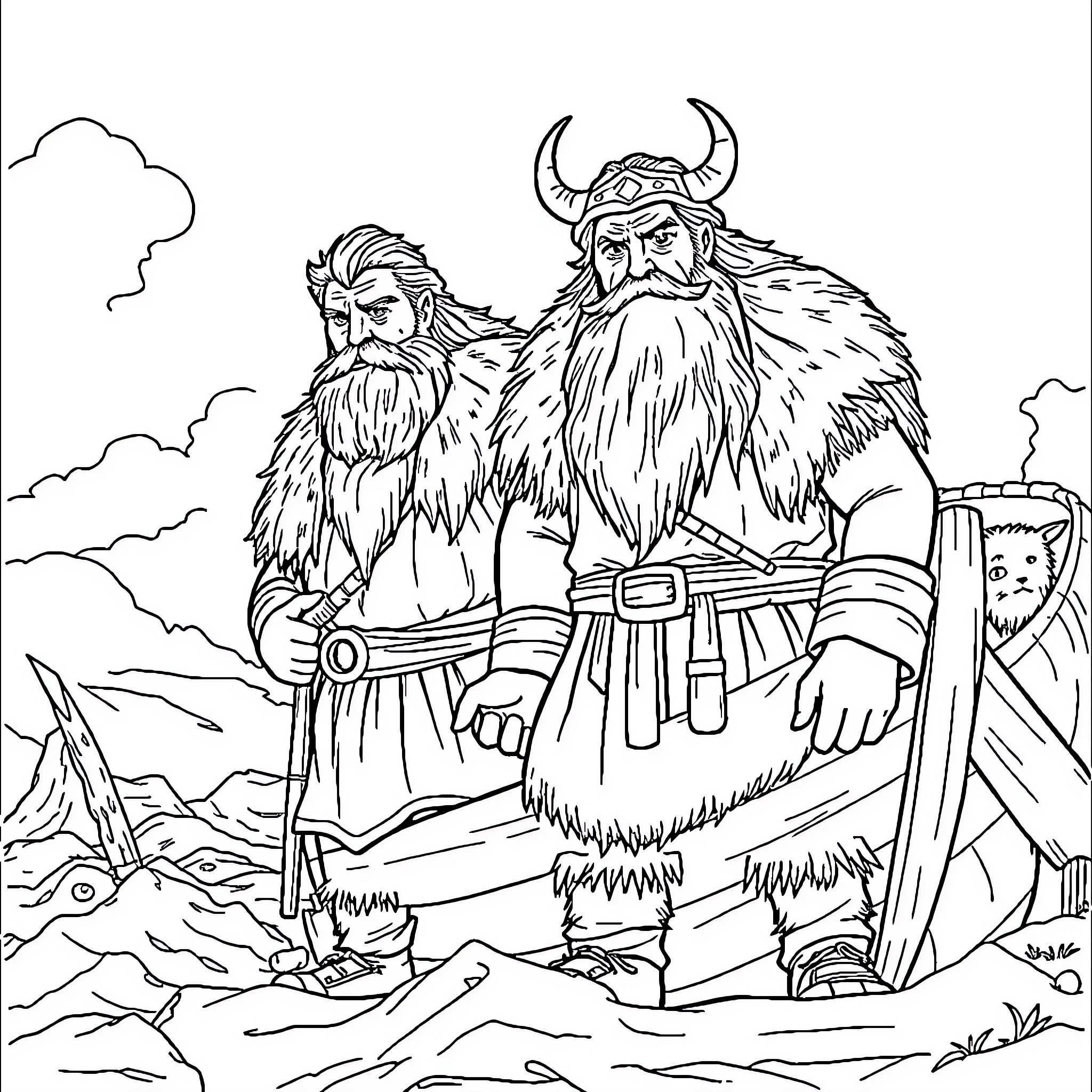 Viking warriors in battle with furry attire Coloring Page (free black-and-white line drawing printable PDF for all, from beginners to advanced learners, including children, teens, adults, and seniors)