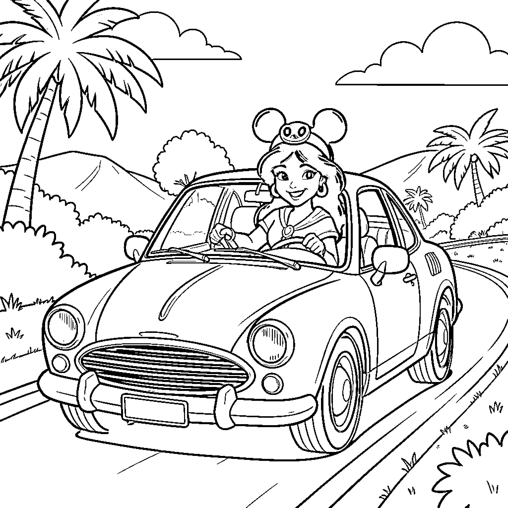 Jasmine driving a car on a tropical road Coloring Page (free black-and-white line drawing printable PDF for all, from beginners to advanced learners, including children, teens, adults, and seniors)