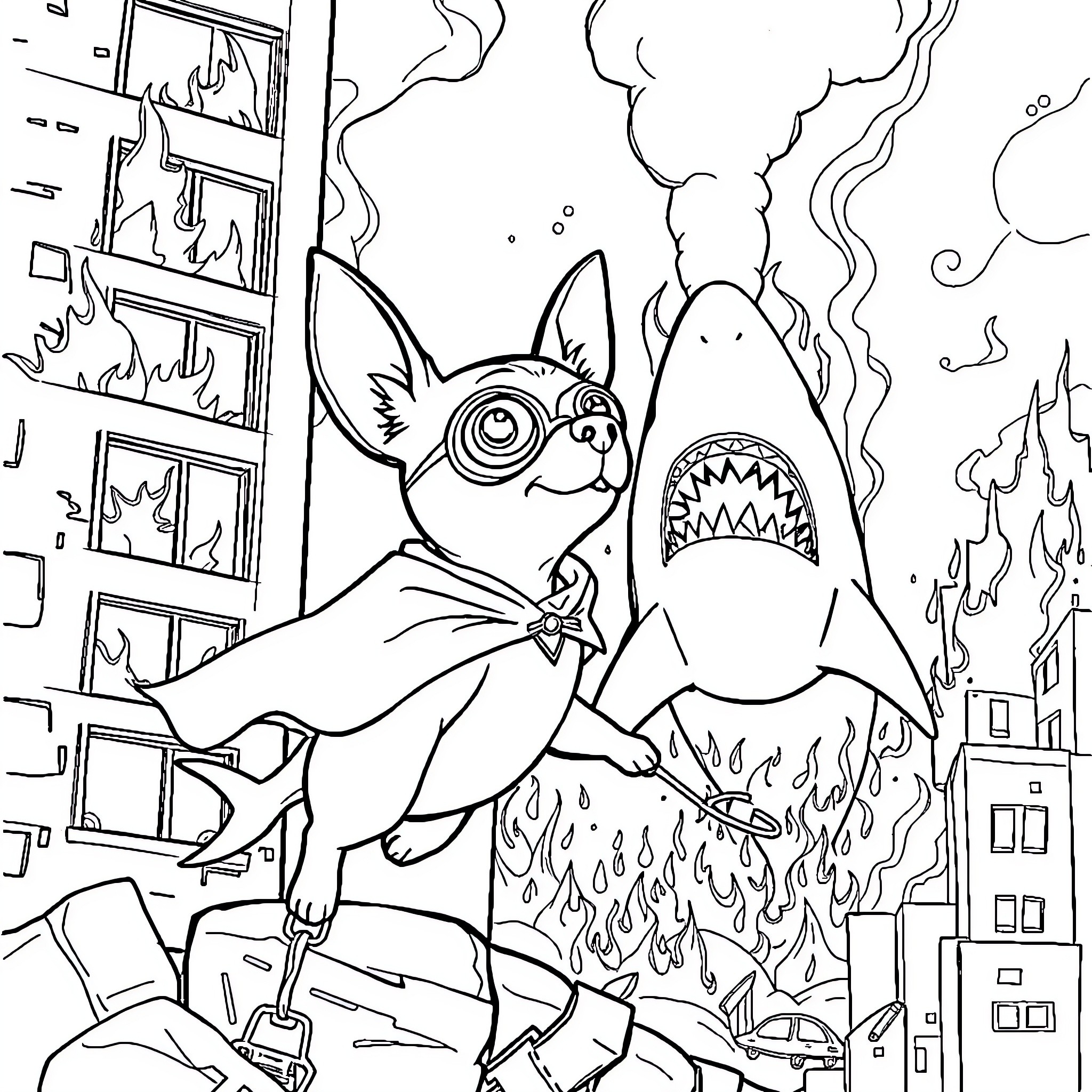Chihuahua facing off with a giant shark in a fiery city Coloring Page (free black-and-white line drawing printable PDF for all, from beginners to advanced learners, including children, teens, adults, and seniors)