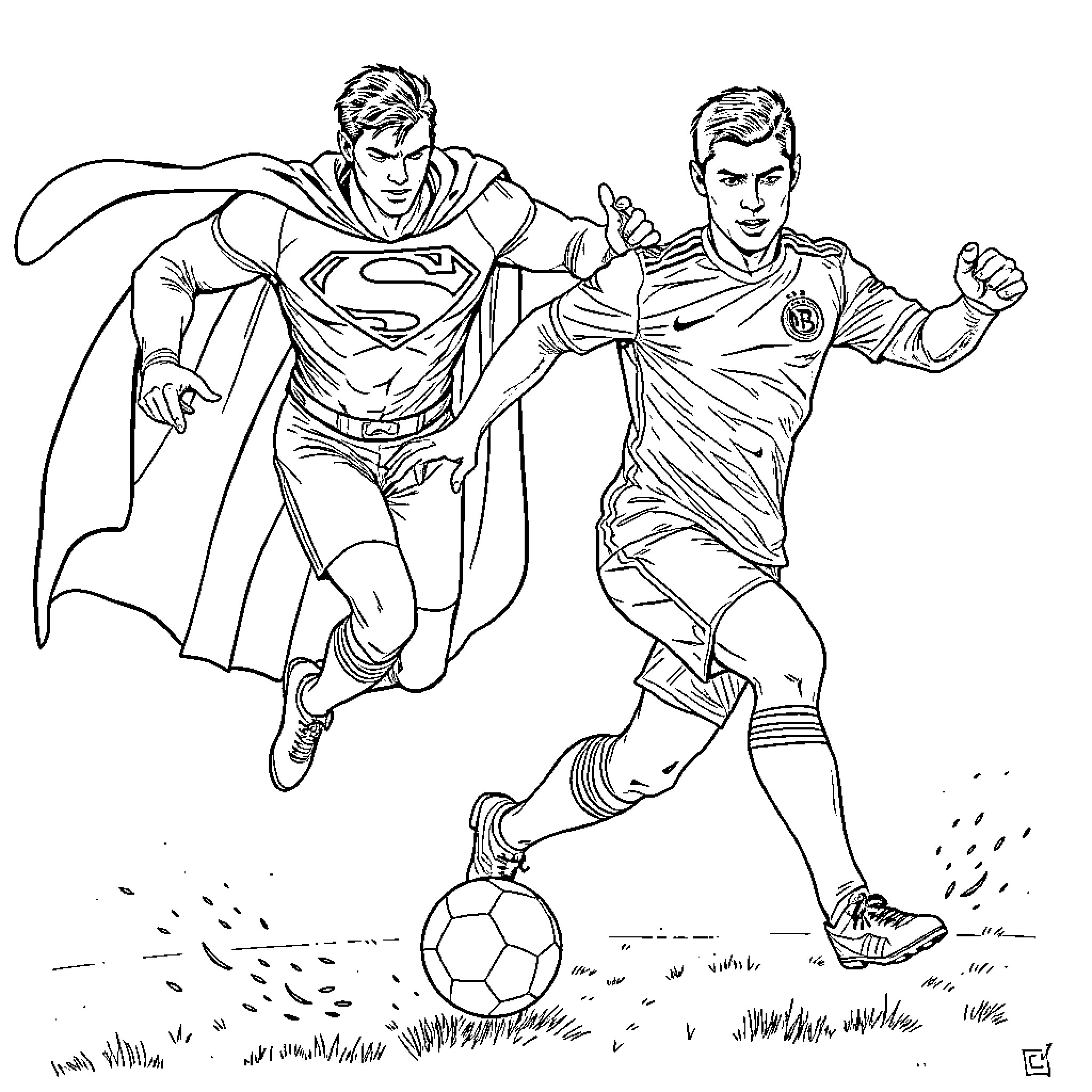 Cristiano Ronaldo and Superman playing soccer Coloring Page (free black-and-white line drawing printable PDF for all, from beginners to advanced learners, including children, teens, adults, and seniors)