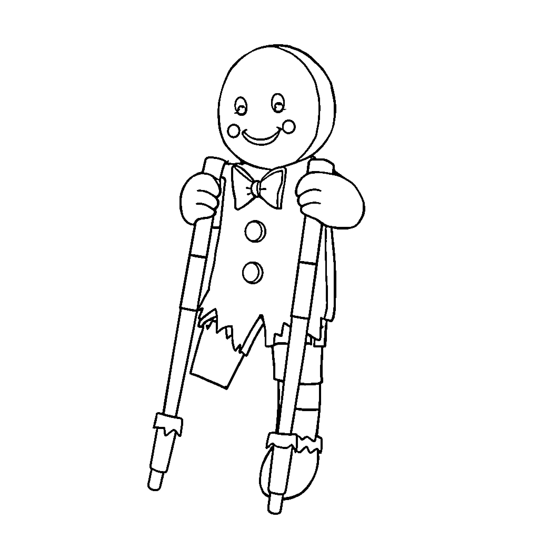 Gingerbread Man on stilts with a bow tie Coloring Page (free black-and-white line drawing printable PDF for all, from beginners to advanced learners, including children, teens, adults, and seniors)