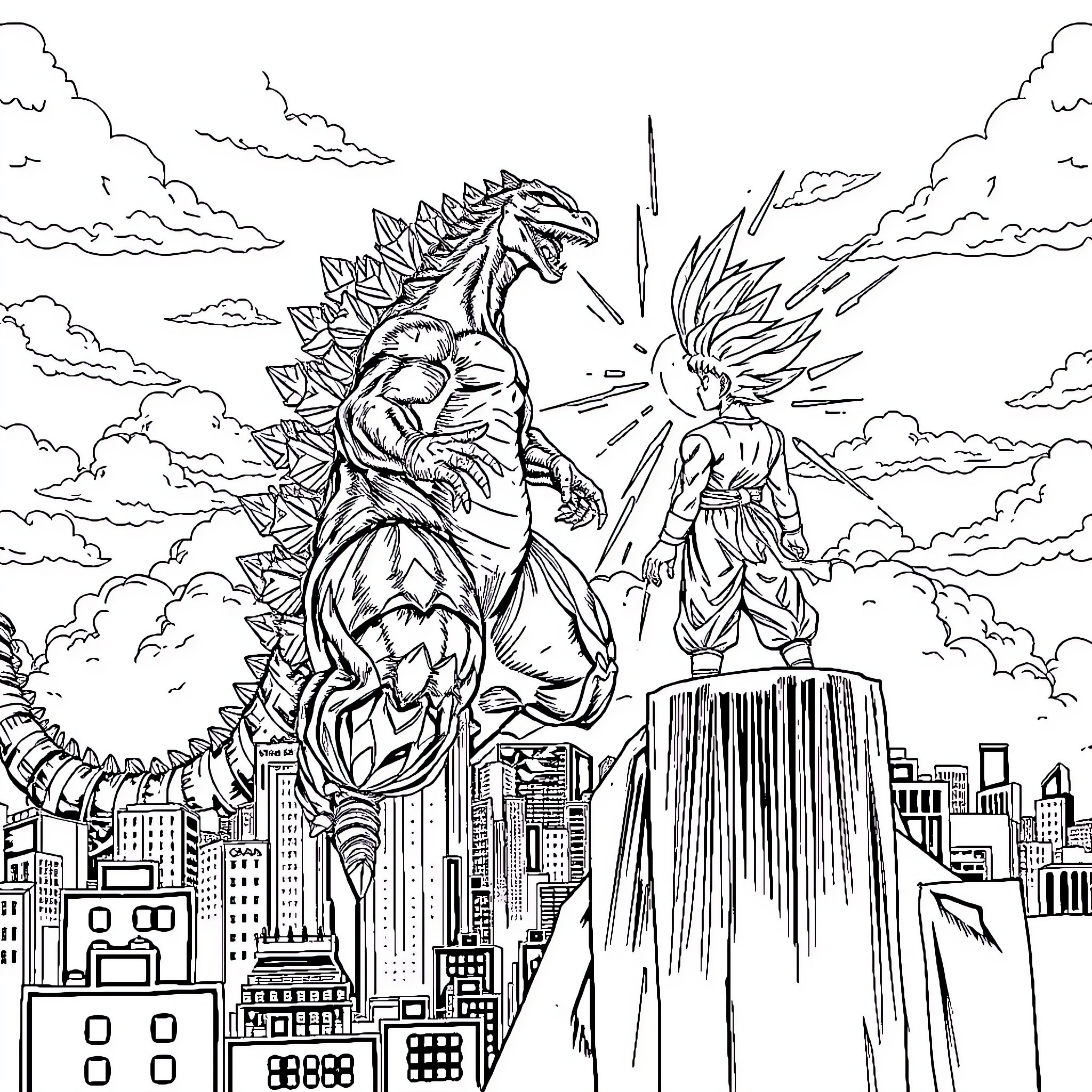 Godzilla rampaging through the city with explosive power Coloring Page (free black-and-white line drawing printable PDF for all, from beginners to advanced learners, including children, teens, adults, and seniors)