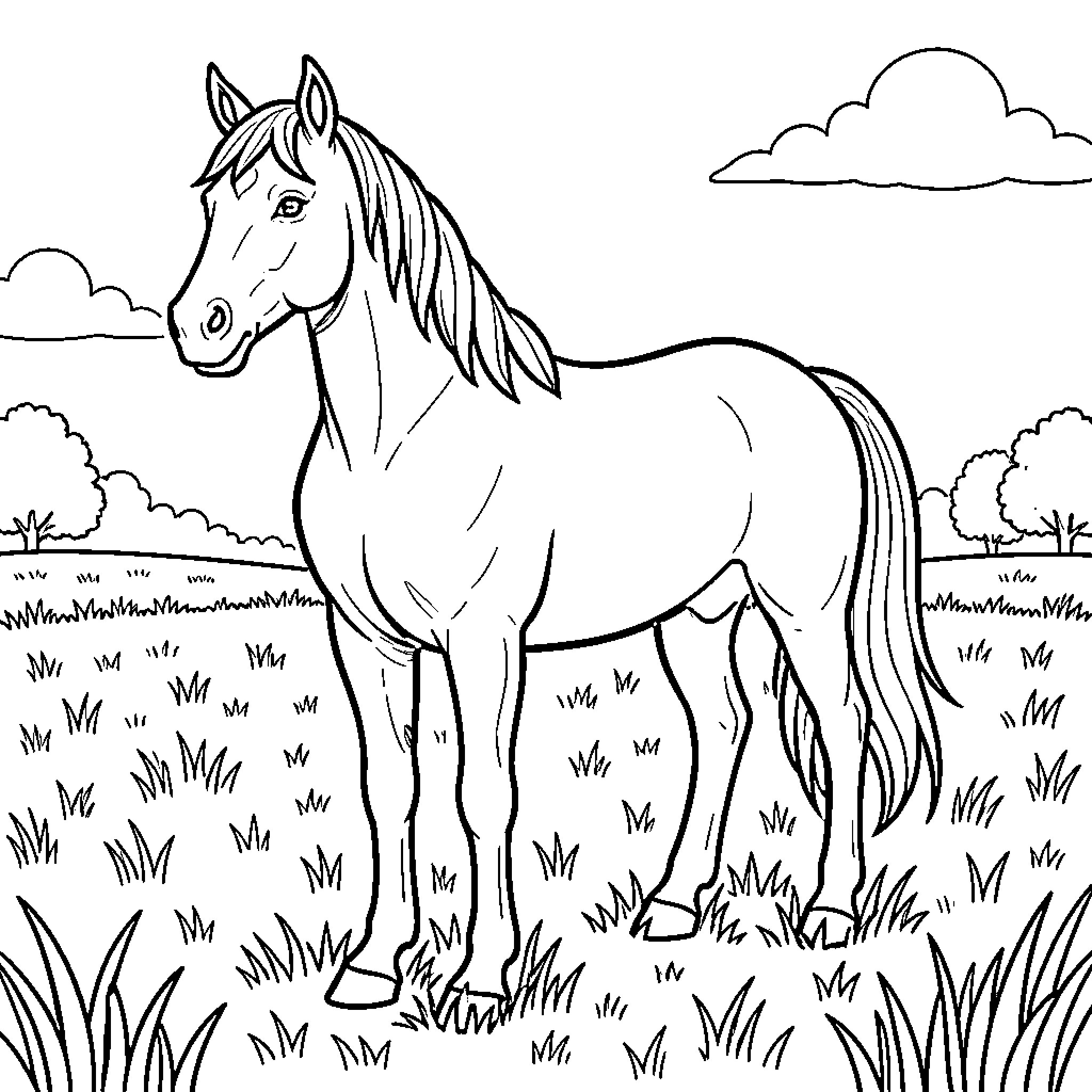 Horse standing gracefully in a pastoral scene Coloring Page (free black-and-white line drawing printable PDF for all, from beginners to advanced learners, including children, teens, adults, and seniors)