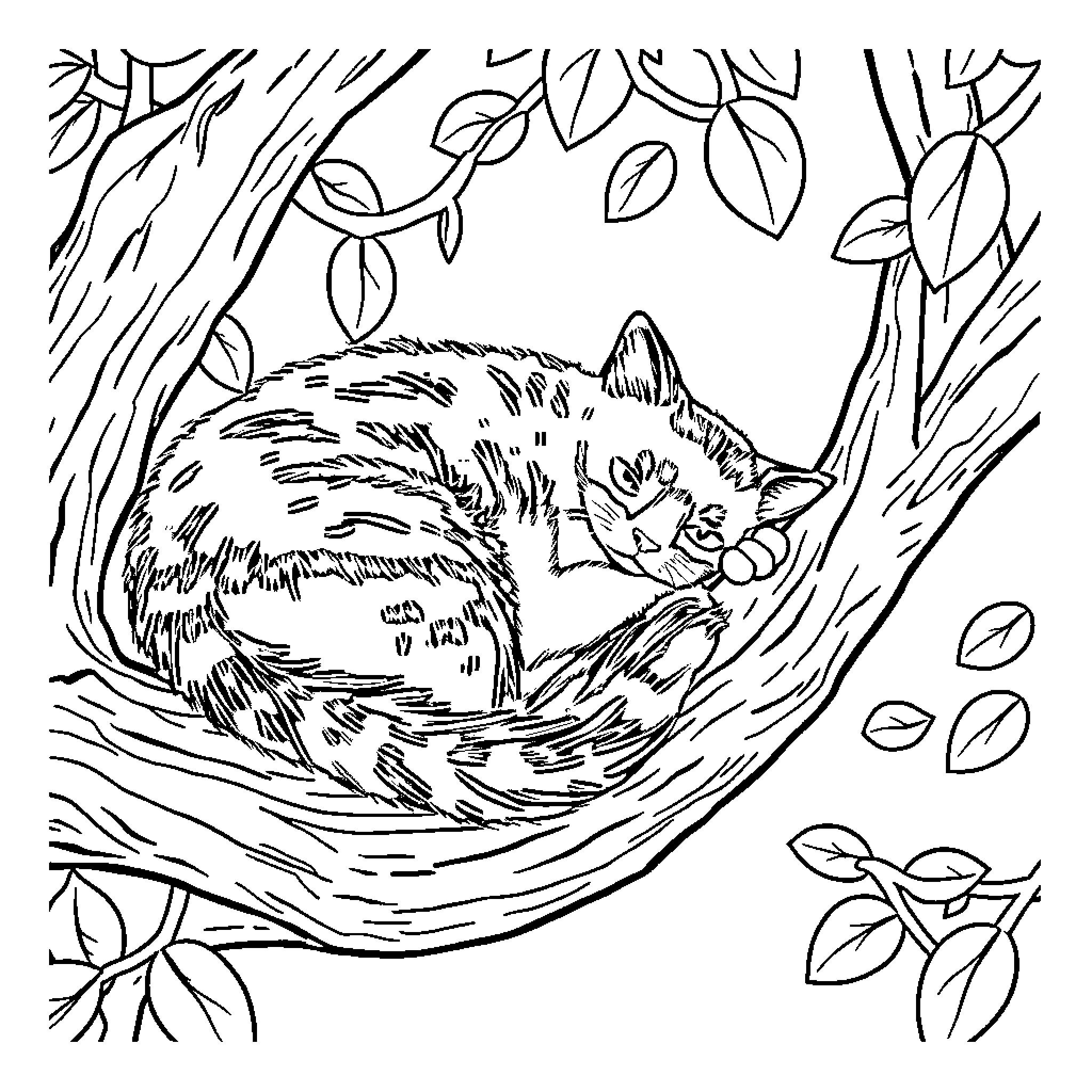 Cat curled up and resting in cozy forest Coloring Page (free black-and-white line drawing printable PDF for all, from beginners to advanced learners, including children, teens, adults, and seniors)