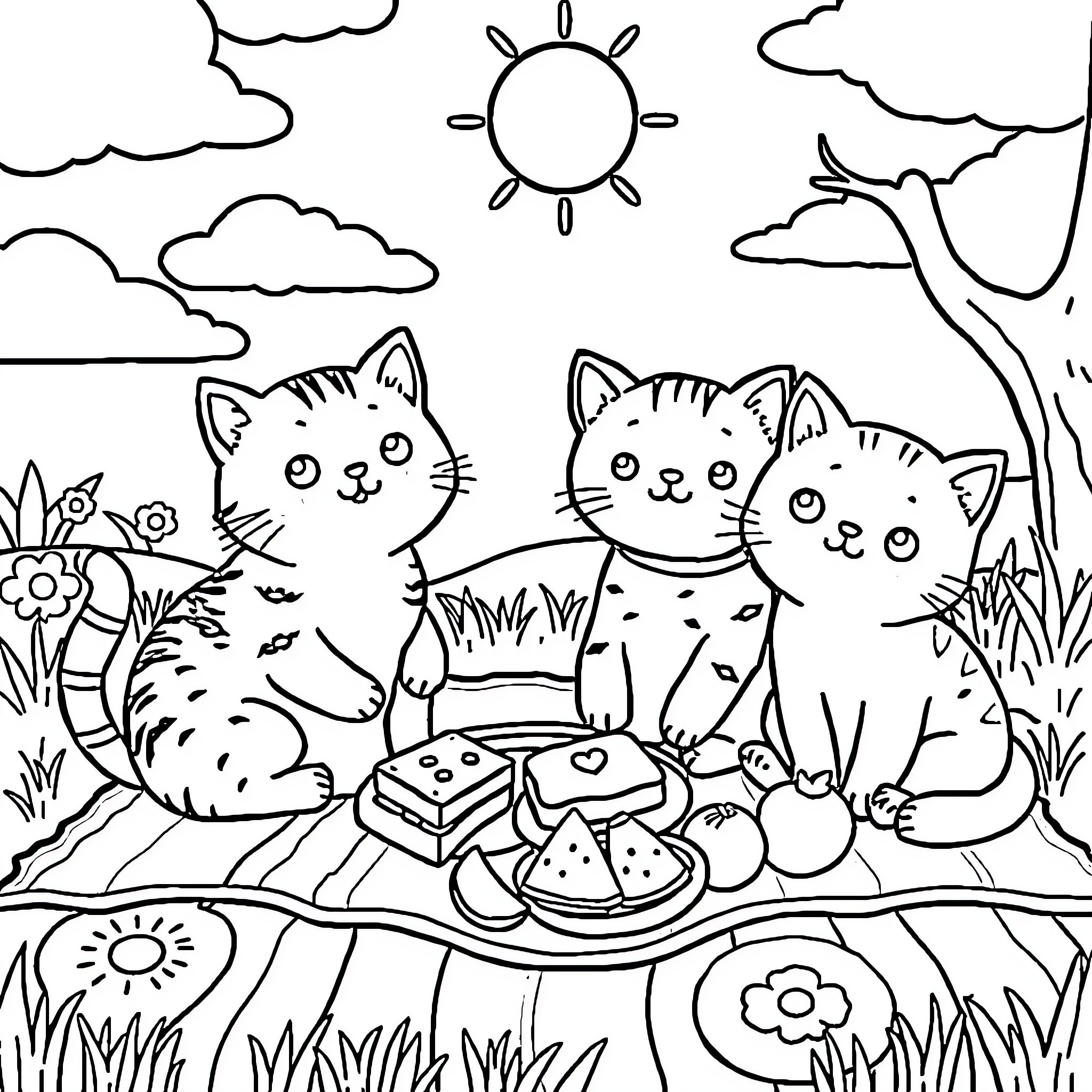Cat Picnicking in the Sunny Outdoors Coloring Page (free black-and-white line drawing printable PDF for all, from beginners to advanced learners, including children, teens, adults, and seniors)