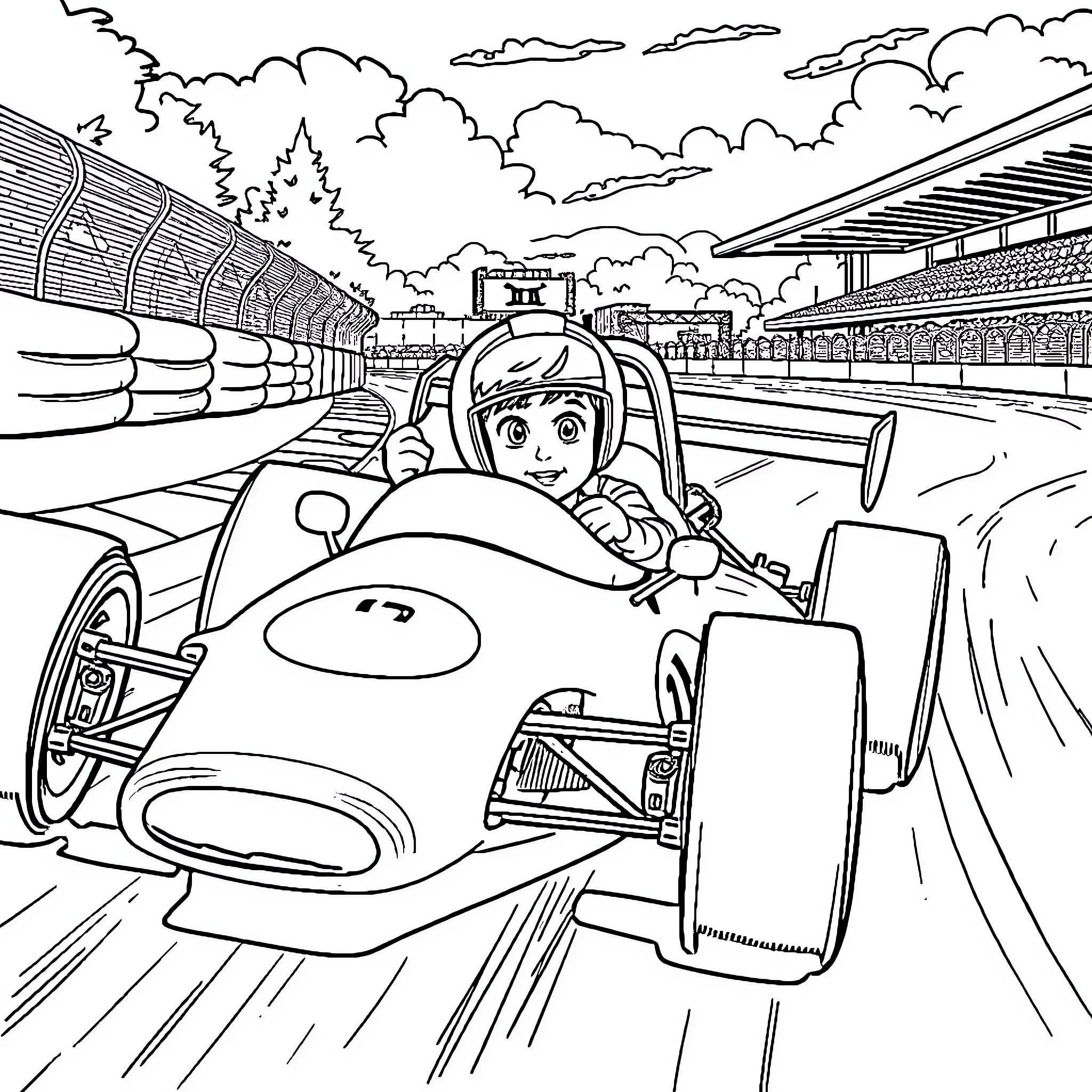 Lando Norris racing on the track in a Formula car Coloring Page (free black-and-white line drawing printable PDF for all, from beginners to advanced learners, including children, teens, adults, and seniors)