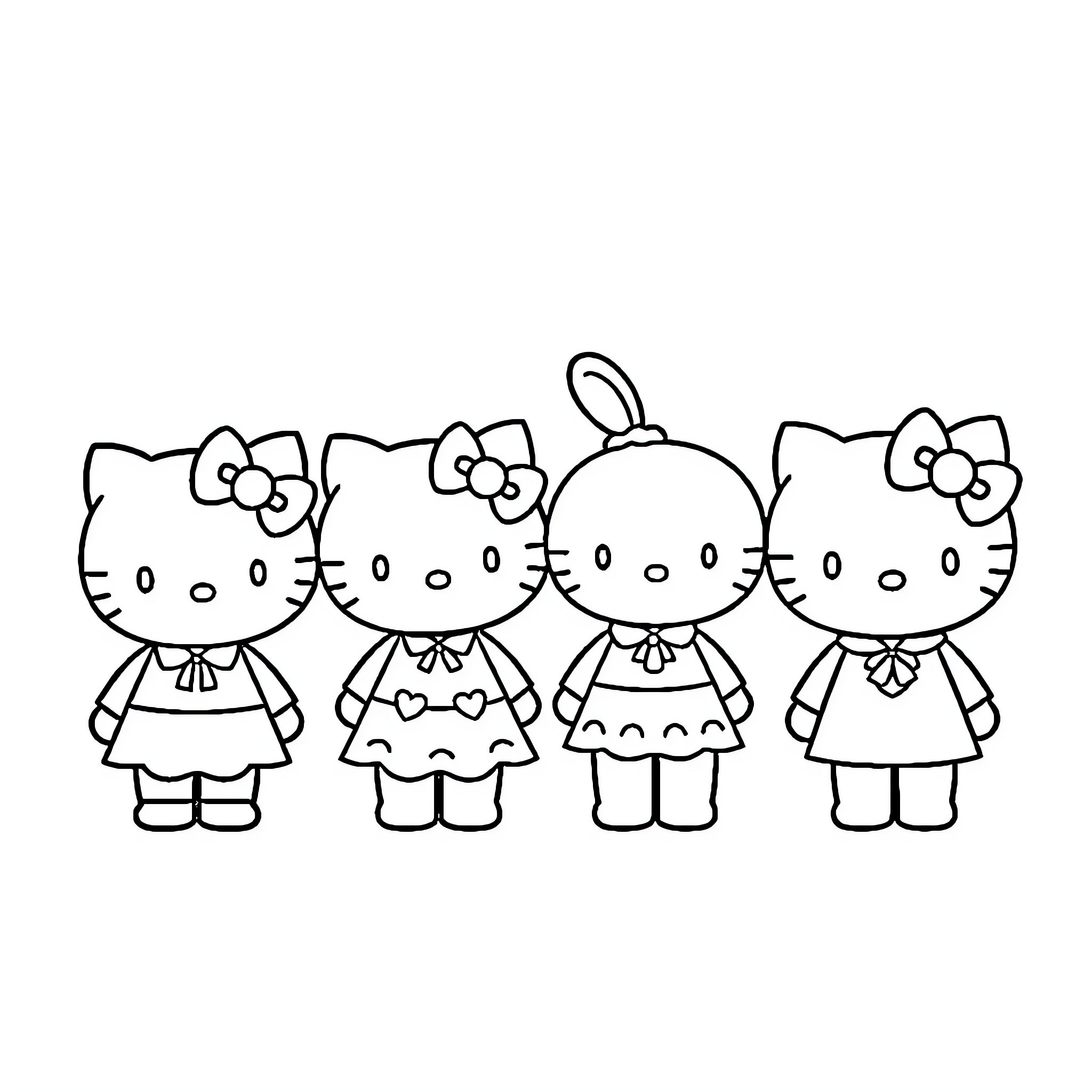 Sanrio Characters in Matching Outfits Coloring Page (free black-and-white line drawing printable PDF for all, from beginners to advanced learners, including children, teens, adults, and seniors)