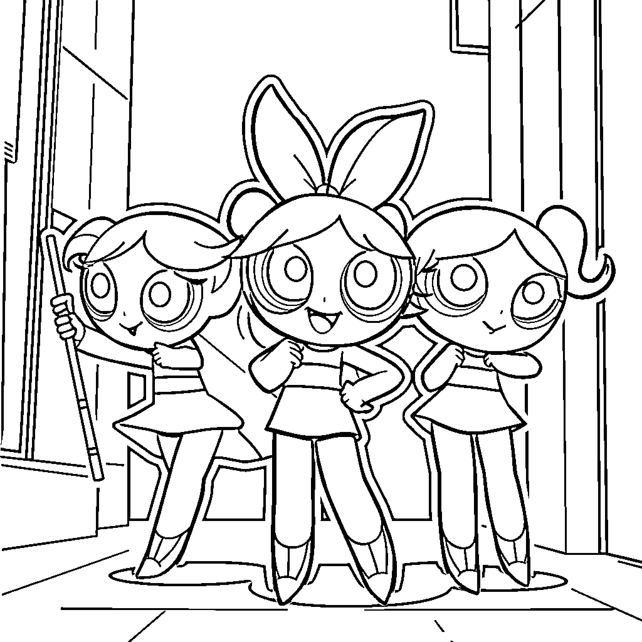 Powerpuff Girls posing together Coloring Page (free black-and-white line drawing printable PDF for all, from beginners to advanced learners, including children, teens, adults, and seniors)