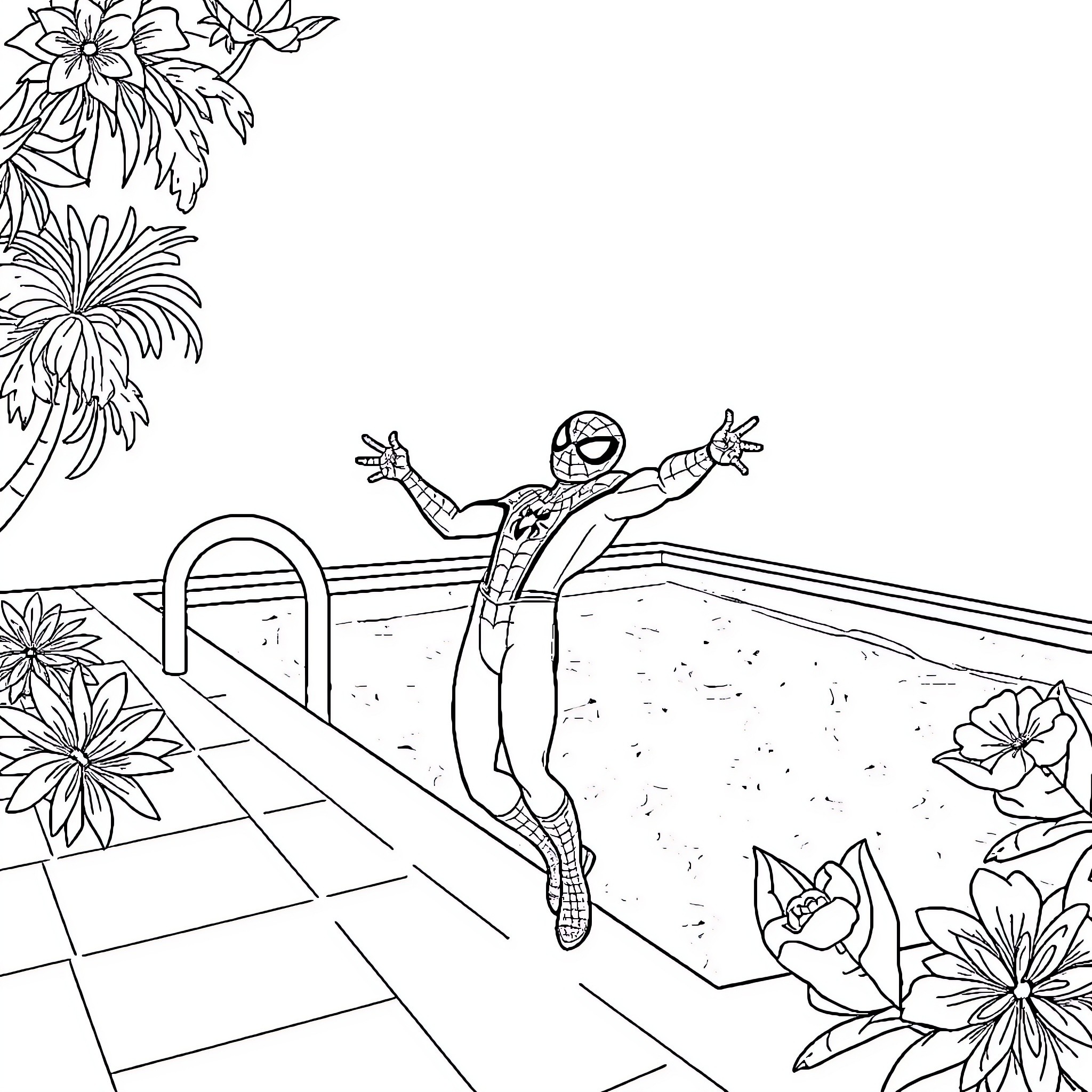 Spiderman swinging through a floral garden Coloring Page (free black-and-white line drawing printable PDF for all, from beginners to advanced learners, including children, teens, adults, and seniors)